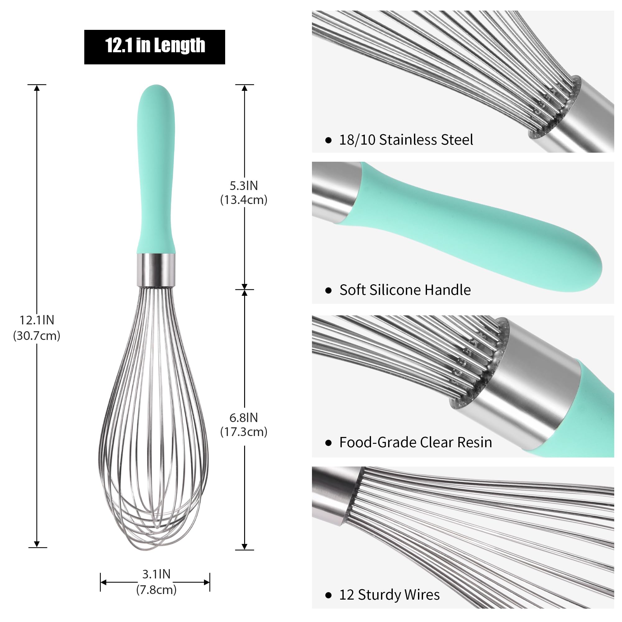 Doosu Balloon Whisk: 18/8 Stainless Steel Kitchen Whisk for Cooking Manual Hand Whisk with 12 Sturdy Wires and Non-Slip Silicone Handle for Whipping Blending Beating Stirring (30cm - Image 2