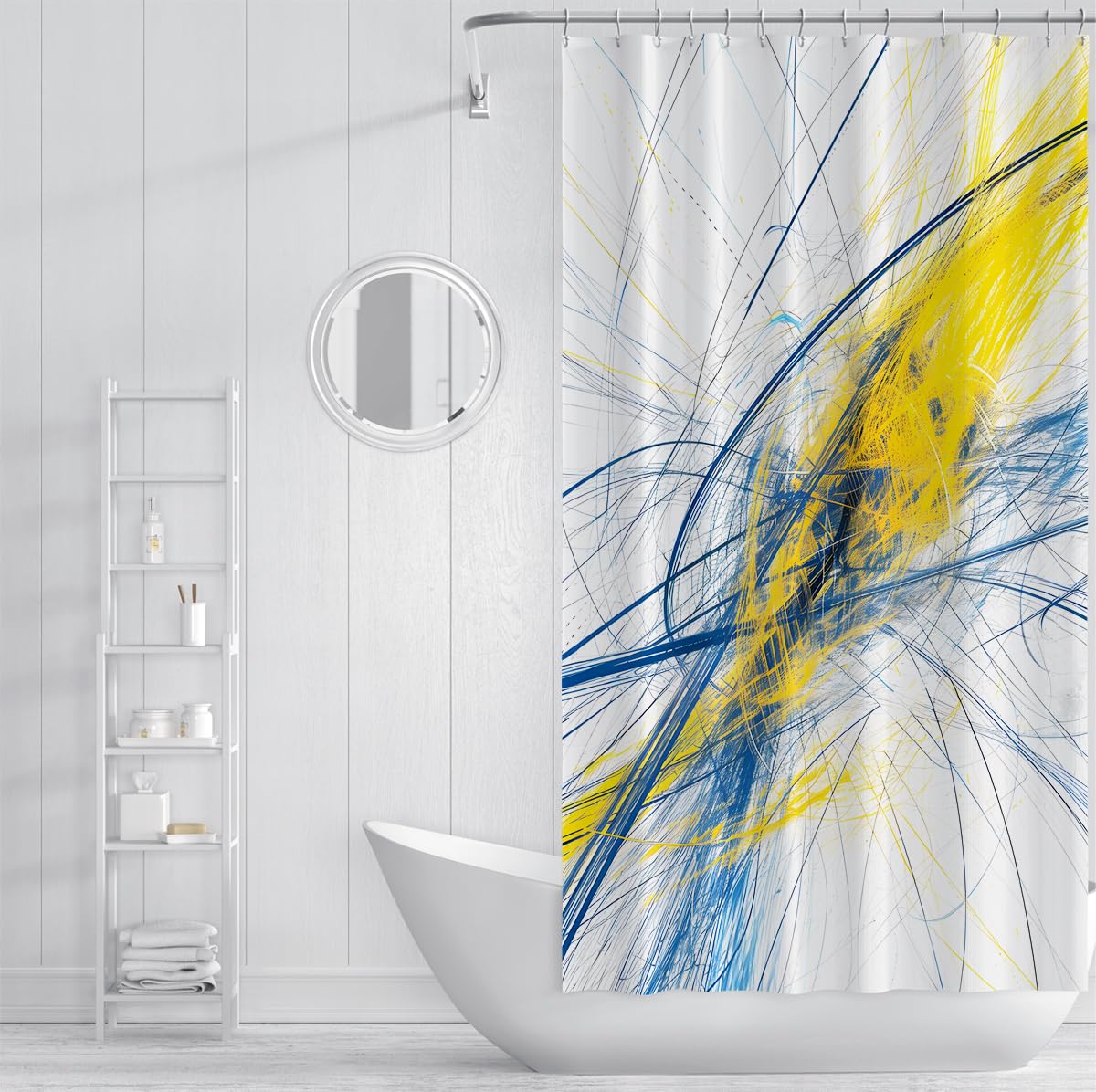 Rideau de douche salle de bain lignes jaunes bleues art W240xL180 cm