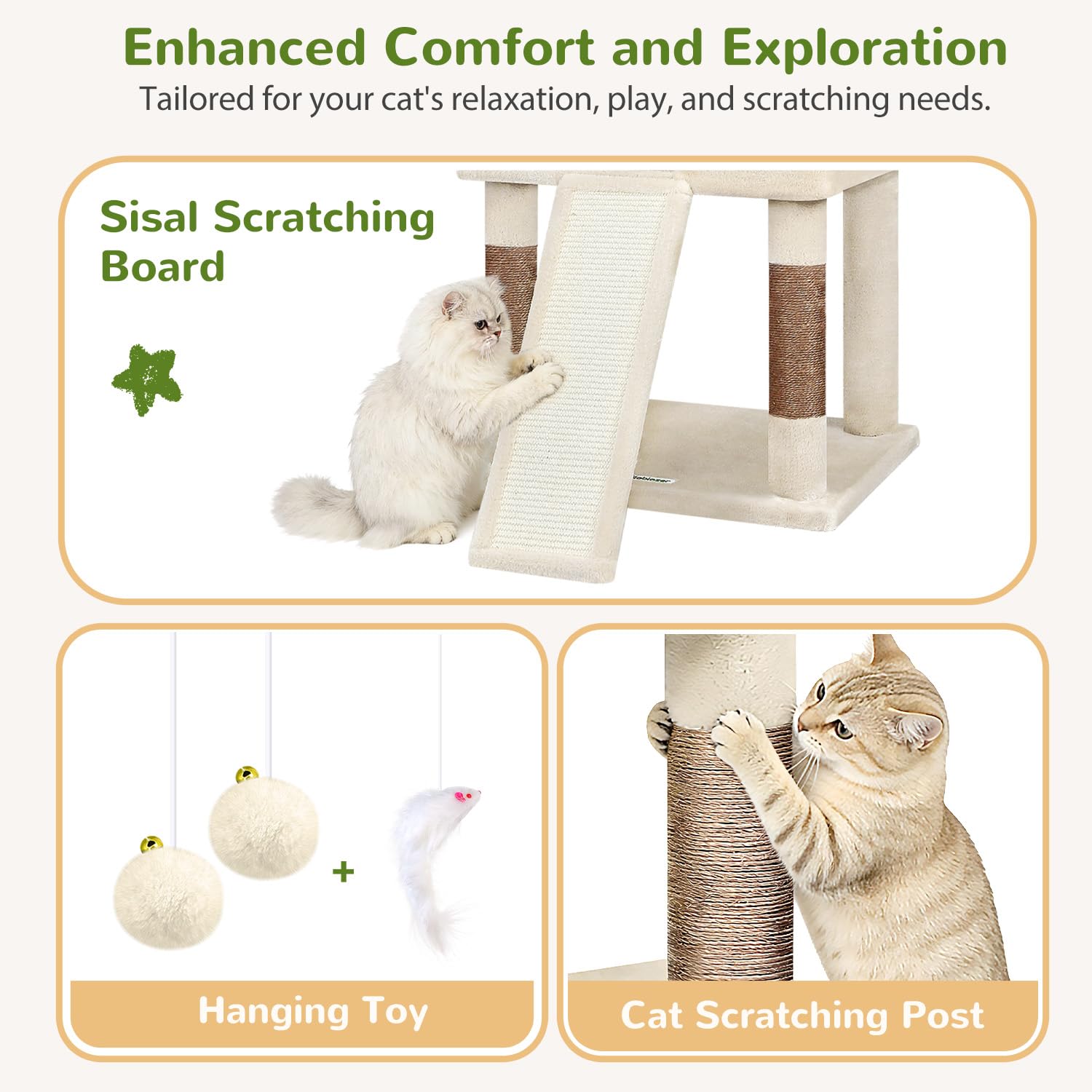 Globlazer S69B Arbre à Chat Beige XL Stable 180cm pour Grand Adulte Chats | Arbre à chat avec 2 Grandes Niches, Planche Sisal, Grande Plateforme pour Gros Chats Grimpent Reposent Jeu Escalade