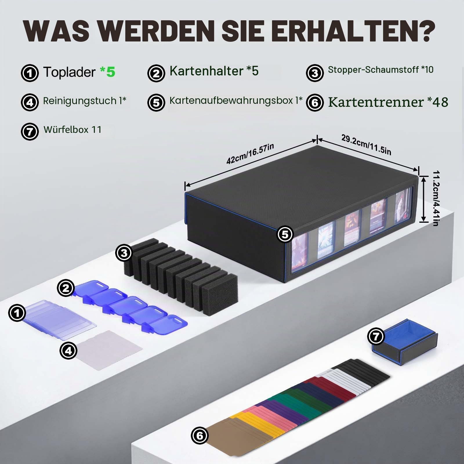 ZLCA Sammelkarten-Aufbewahrungsbox 5-reihig mit Griff, MTG-Aufbewahrungsbox für 3900+ Karten mit Commander-Display, Top-Loader-Organizer-Etui für TCG PTCG Sportkarten (Schwarz&Blau)