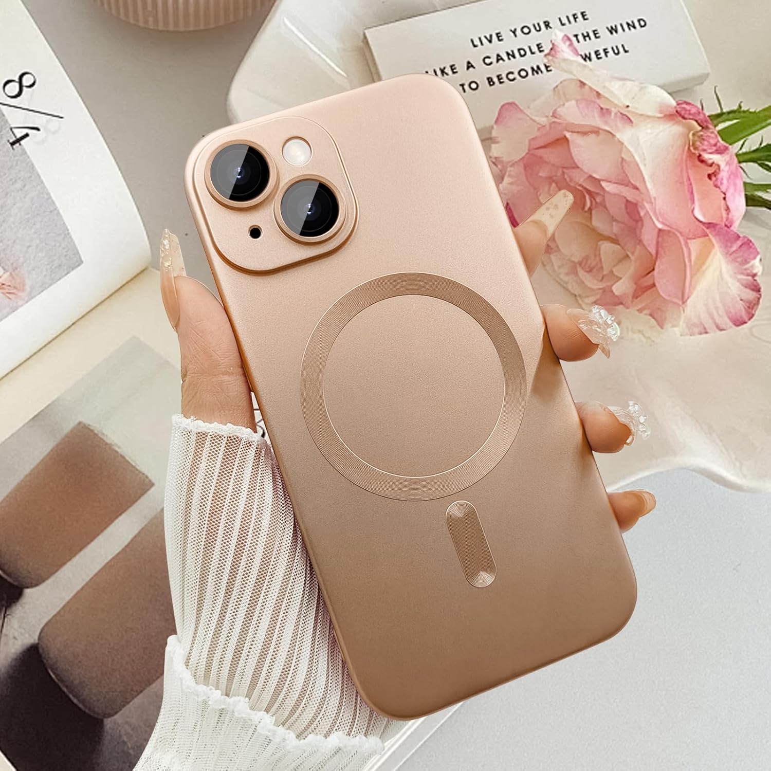 Magnetic case for iPhone 13 Phone Case for Women/Men, Matte Luxury Soft Metallic Luster Design with Camera Lens Protector, Compatible with Magsafe Case for iPhone 13 6.1"-Champagne Gold - Image 3