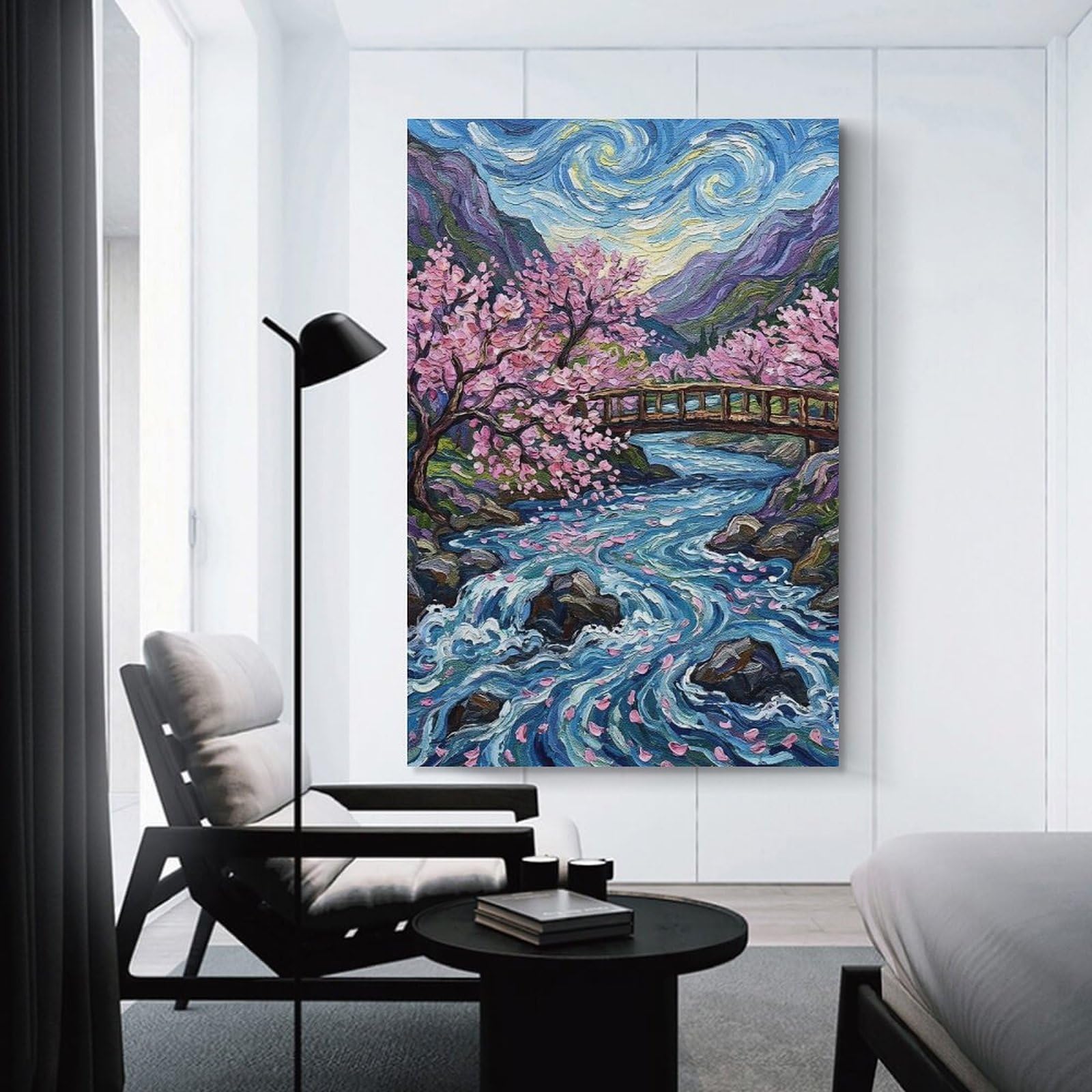 Junmoney Cherry Blossoms Over River Painting Hanging Wall Art, 24x36inch(60x90cm), for Home Walls, Creative Rooms Or Shared Spaces, A Flexible Wall Accent for Shared Spaces
