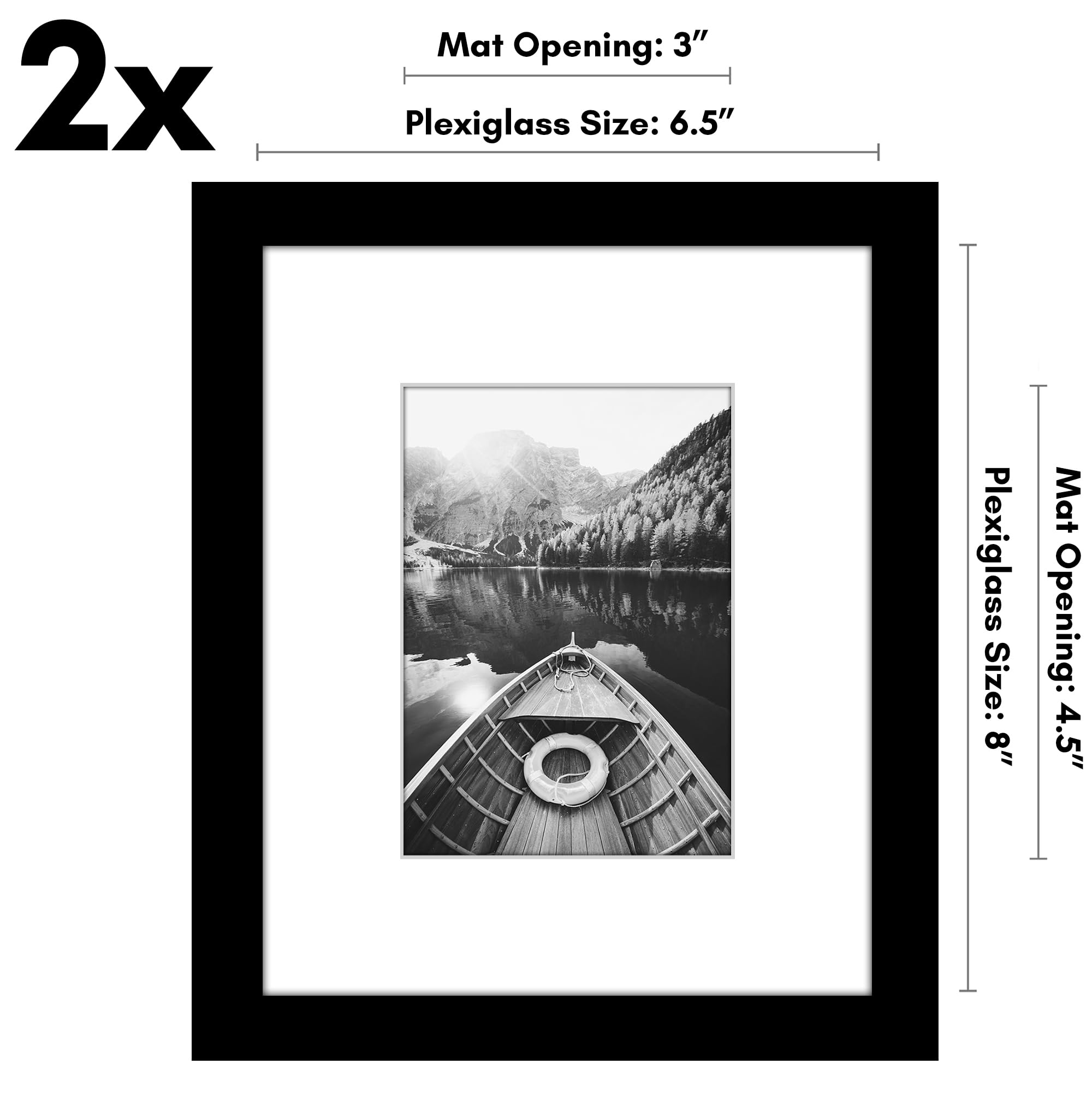 Americanflat 6.5x8 Picture Frame Set Of 2 - Black With Plexiglass & Mat Included