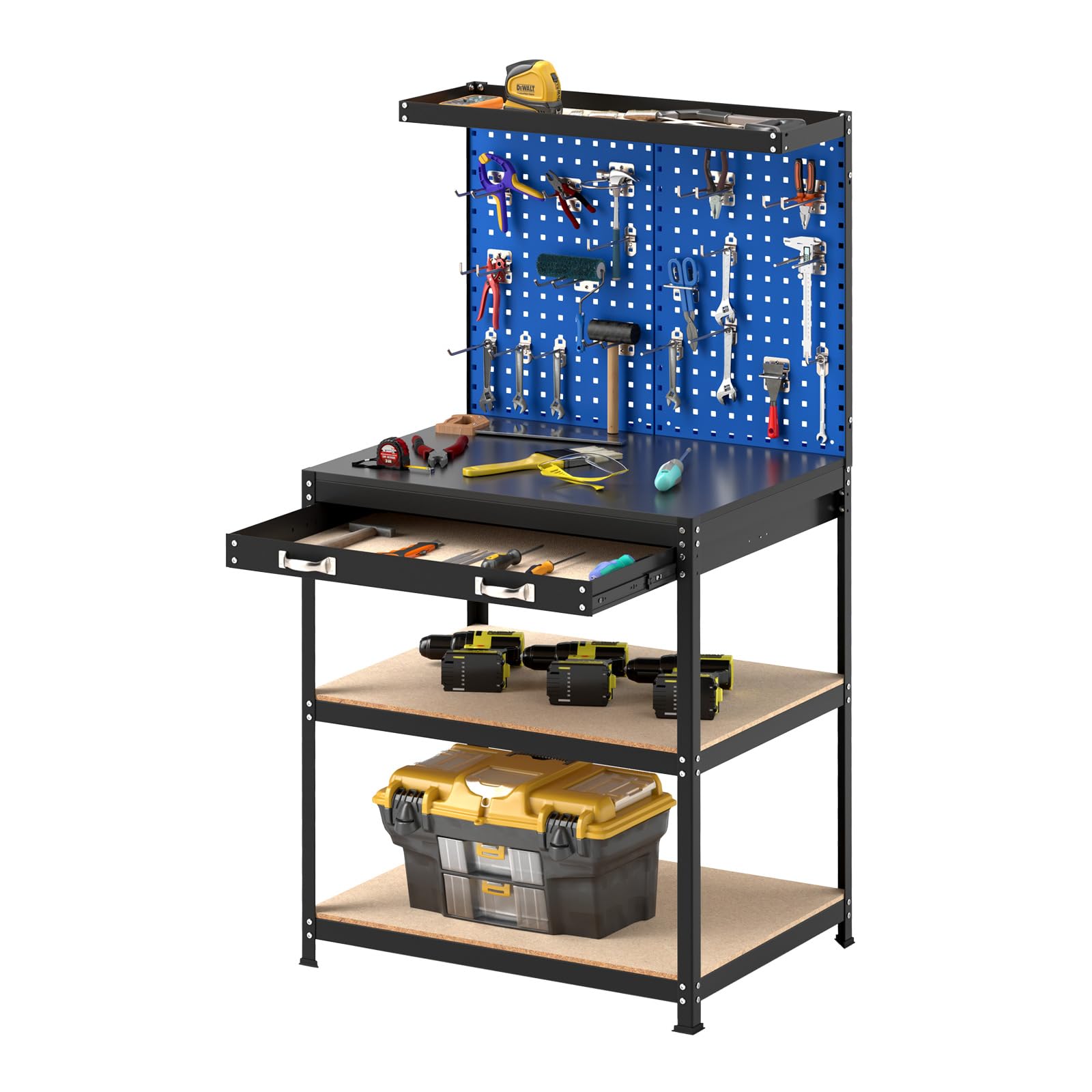 GYMAX Banco da Lavoro 81 x 41 CM con Pannello, Tavolo da Lavoro con 20 Ganci per Attrezzi, Cassetto e Ripiani Aperti, Stazione di Lavoro Pesante da 225 KG per Garage, Officina, Magazzino e Casa (Blu)