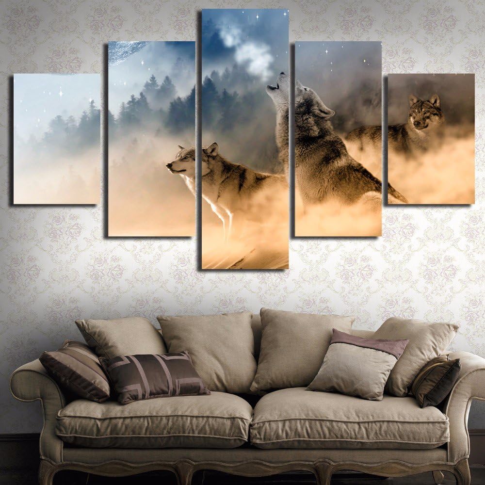 With frame/No frame Wolves 5 Piece Canvas Art Paint By Number Decorative Wall Pictures For Living Room Wall Art Modular Canvas Painting Home Decor,Large,Framed