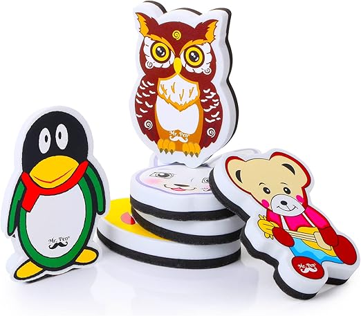 Mr. Pen - Animal & Pen Shaped Whiteboard Eraser, 6 Pack, Multicolor, Foam and Felt, Magnetic, Perfect for Classroom & Game Centers