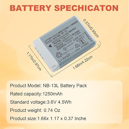 Miniatura 4 de Reemplazo de batería NB-13L de 1250 mAh compatible con cámaras Canon PowerShot SX740 HS, G7X, G7X Mark II, G7X Mark III, G5X Mark II, SX720 HS,