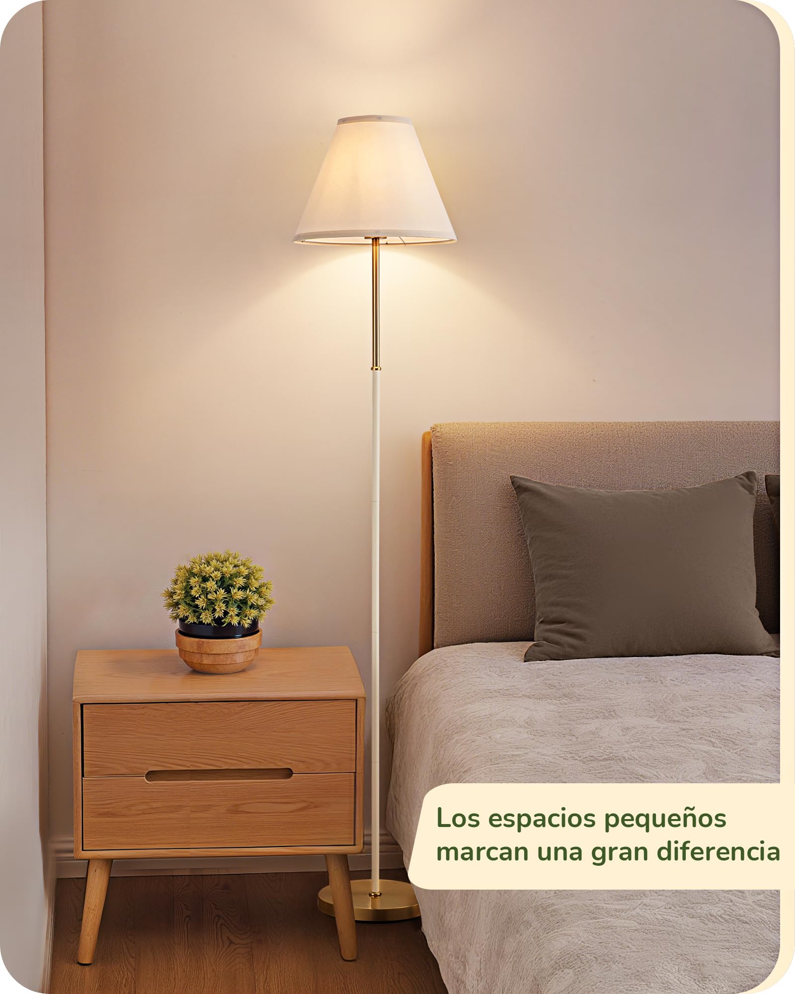 EDISHINE Lámpara de Pie Retro para Salón, Pantalla de Algodón-Lino y Estructura Metálica, Bombilla LED 2700K Incluida, Lámpara E27 para Habitación Infantil, Dormitorio y Rincón de Lectura, Blanco