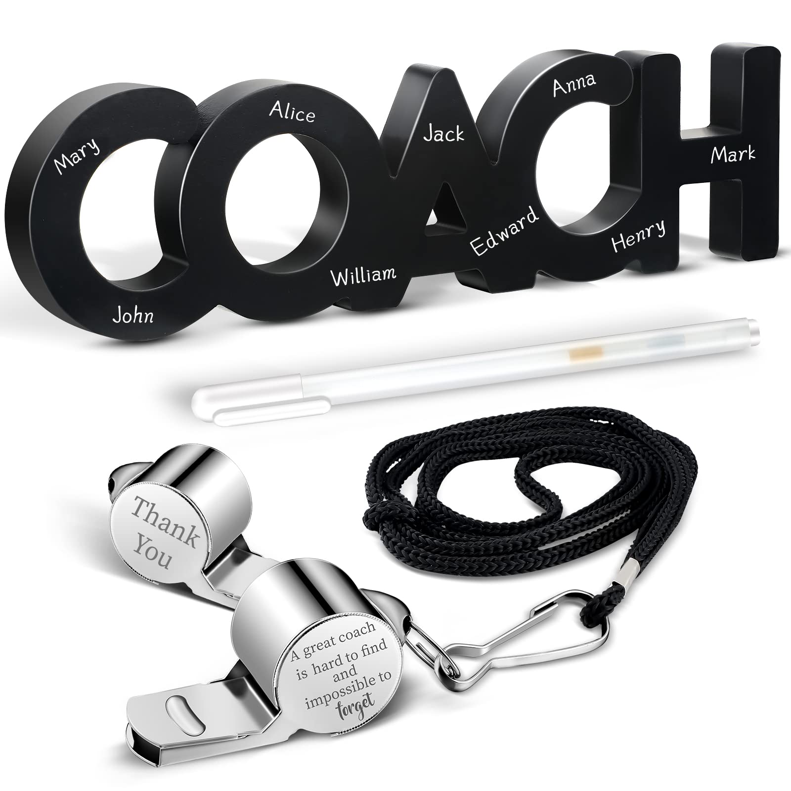Yalikop 3 Pcs Coach Gifts Football Coach Wood Sign Thank You Whistle Marker Pen Stainless Steel Whistle with Rope for Men Women Soccer Baseball Volleyball Sports Gifts