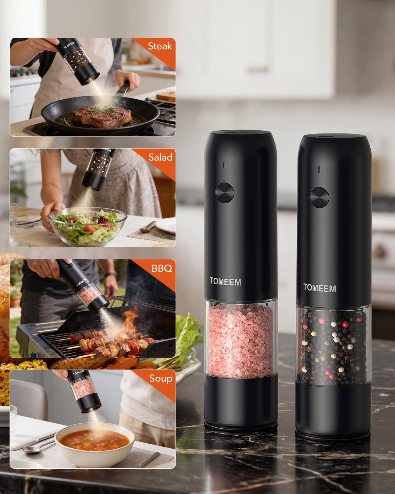 [Grande capacité améliorée] Ensemble de moulins à sel et poivre électriques rechargeables avec lumières LED – Moulin à poivre et sel automatique en acier inoxydable rechargeable avec 6 mousses