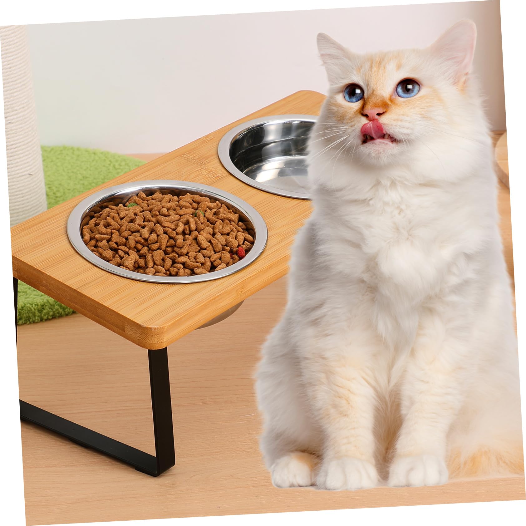 Ciotola Rialzata per Gatto con Doppia Vasca in Acciaio Inox | Supporto in Legno, Base Antiscivolo, Design Ergonomico, Uso Indoor per Piccoli Cani e Felini