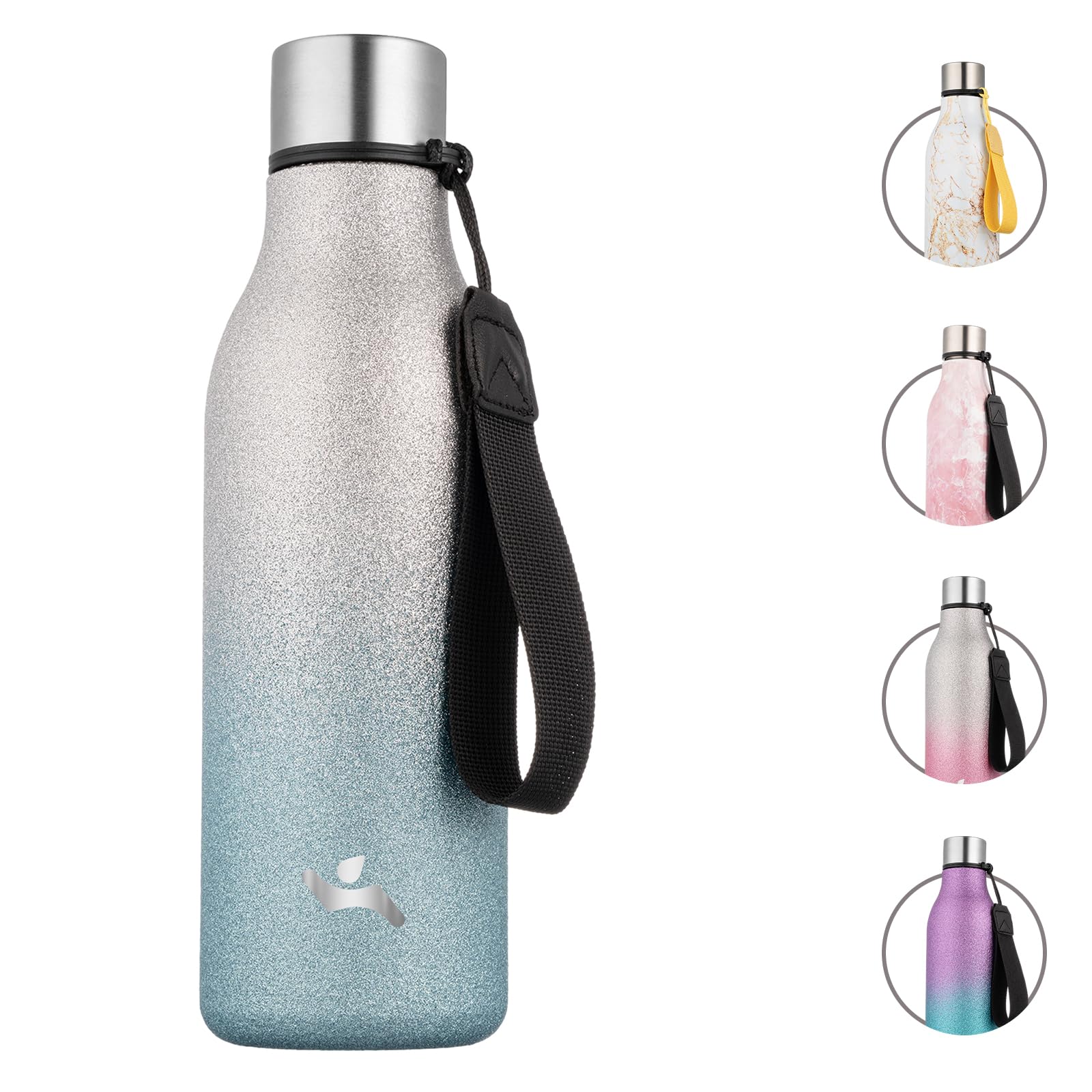 Konokyo Insulated Water Bottle with Strap,18 oz Double Wall Stainless Steel Vacuum Bottles Metal Water Flask,Sparkling Silver Blue