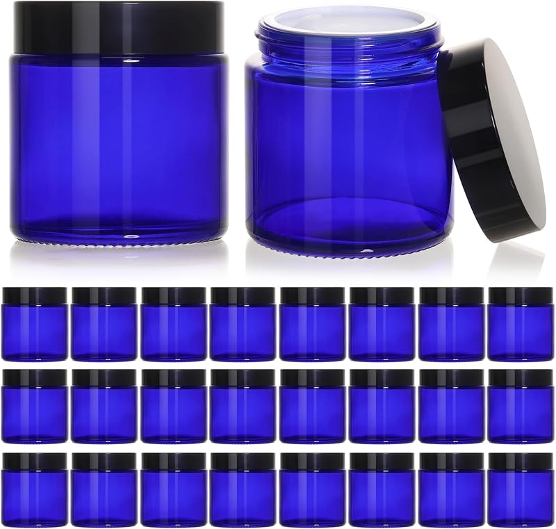 KEYWING 24 Frascos Cosméticos Recarregáveis de Vidro Azul, 120 mL, com Tampas Pretas