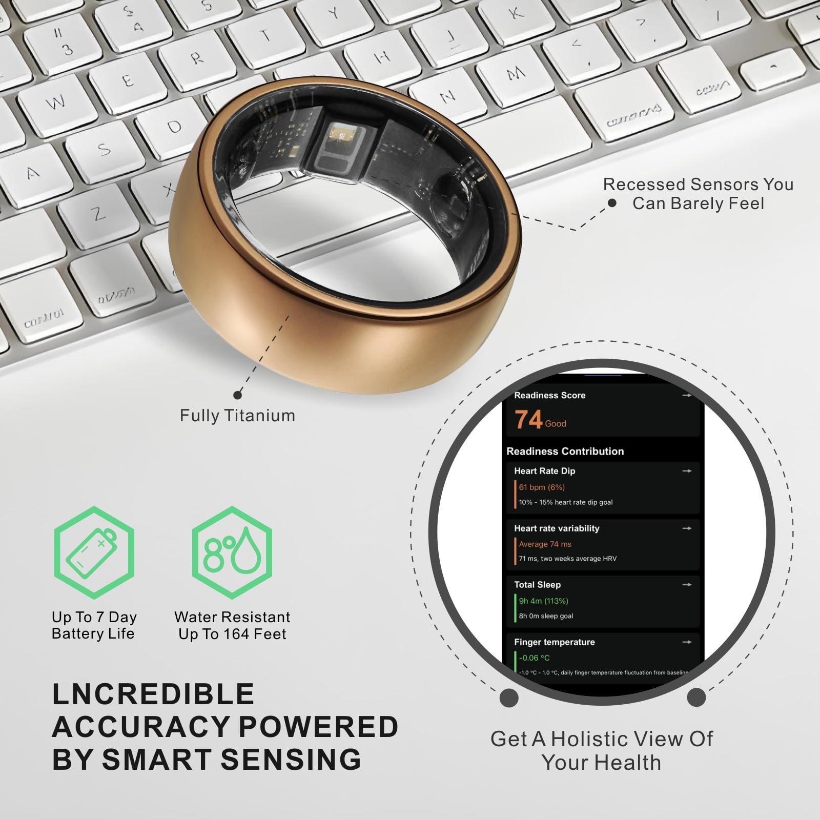 Anneau intelligent, tracker d'activité, anneau de sommeil, suivi de fitness, suivi du stress, fréquence cardiaque, méditation, température, respiratoire, sans abonnement à l'application, femmes