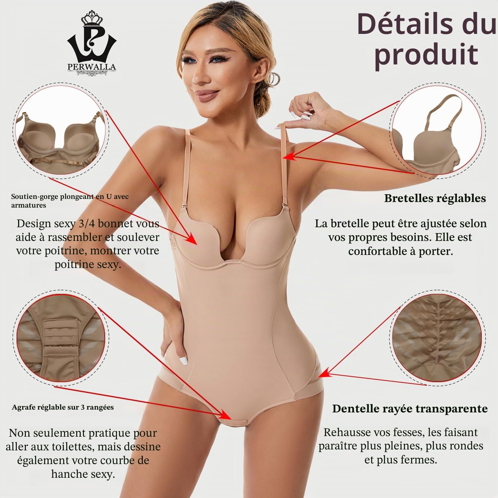 Body gainant dos nu sexy en U pour femme - Soutien-gorge plongeant - Contrôle du ventre - Pour robes de mariée
