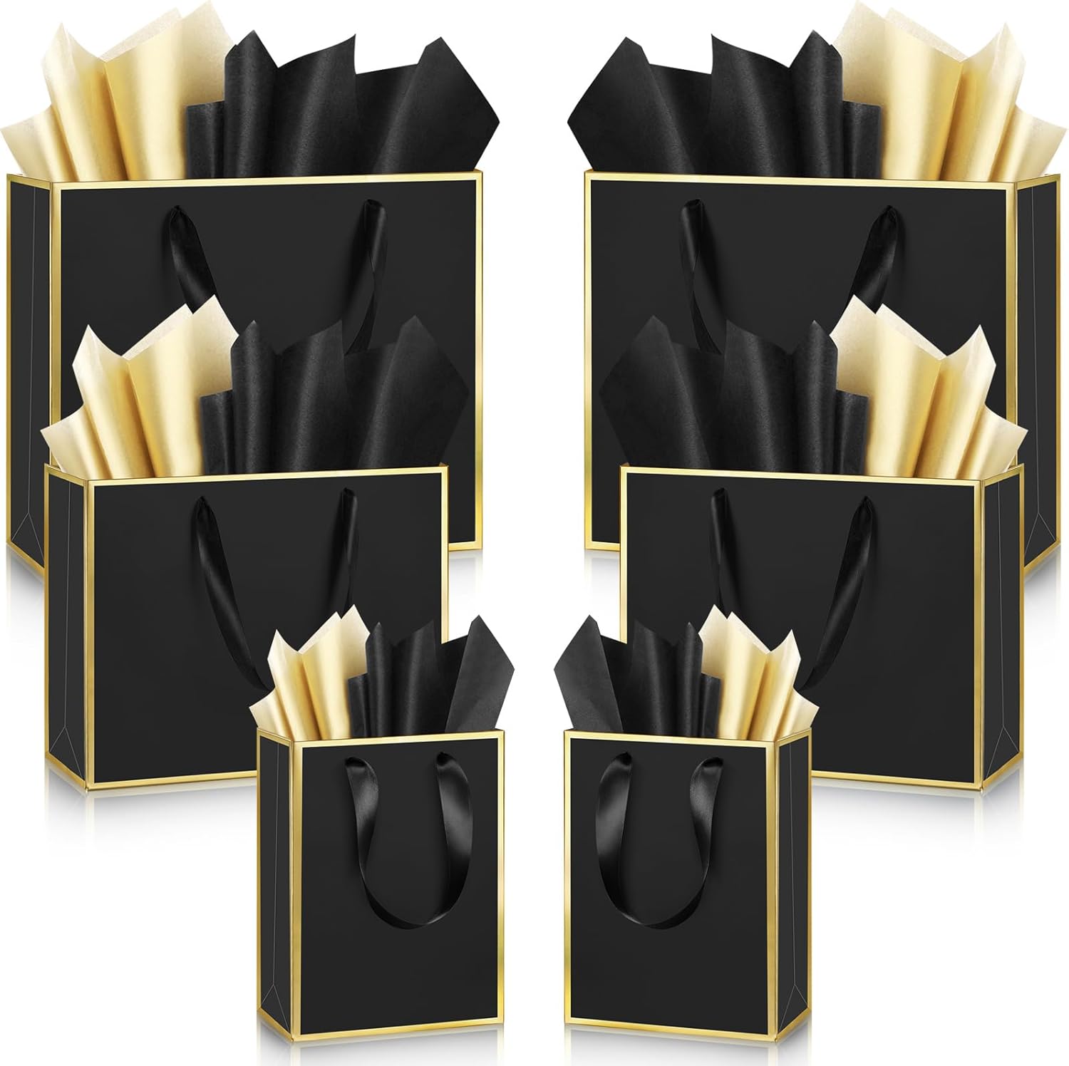 Yeaqee 12 Sets Metallic Paper Gift Bags with Handle Tissue Paper Include 8", 10", 13" Thank You 5 Senses Gift Bags for Him Her Valentines Birthday Wedding Groomsmen Bridesmaid Favor(Black, Gold)