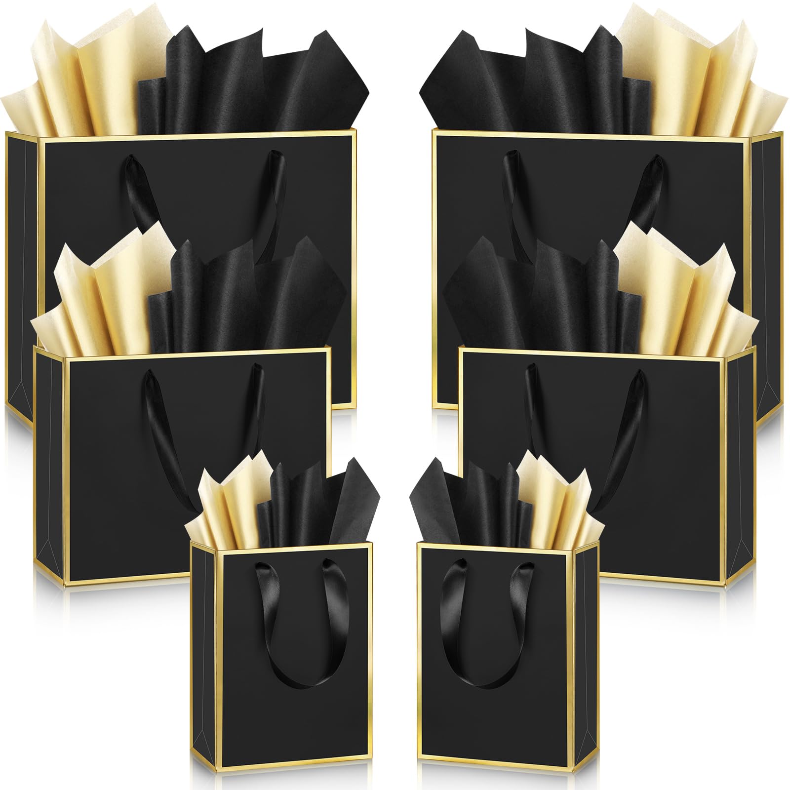 Yeaqee 12 Sets Metallic Paper Gift Bags with Handle Tissue Paper Include 8", 10", 13" Thank You 5 Senses Gift Bags for Him Her Valentines Birthday