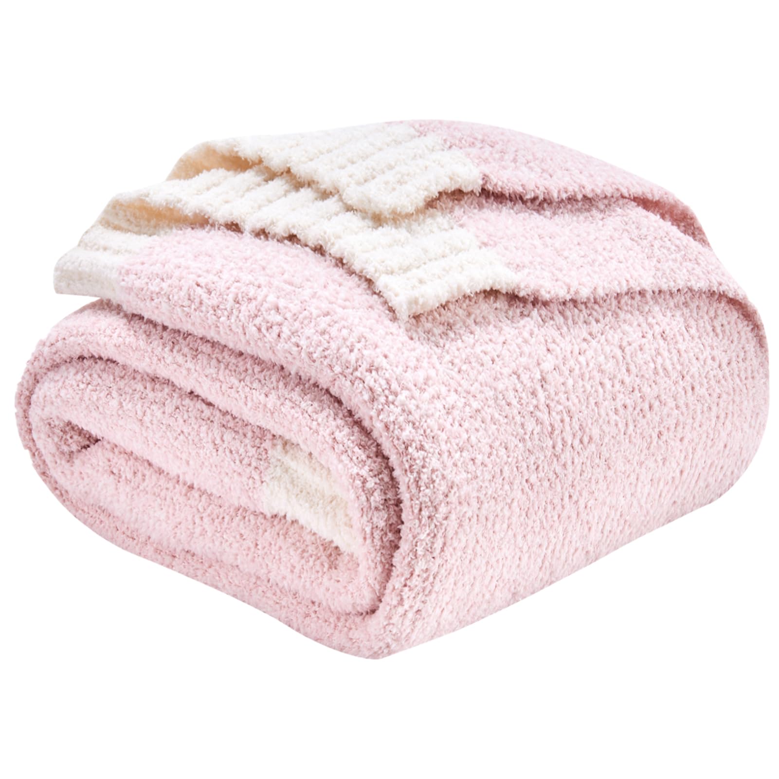 CozeCube Super Soft Fullfy Microfiber Reversible Knitted Blankets, Warm Cozy Fuzzy Plush Throw, Pink and White Melange Throw Blanket for Couch Bed