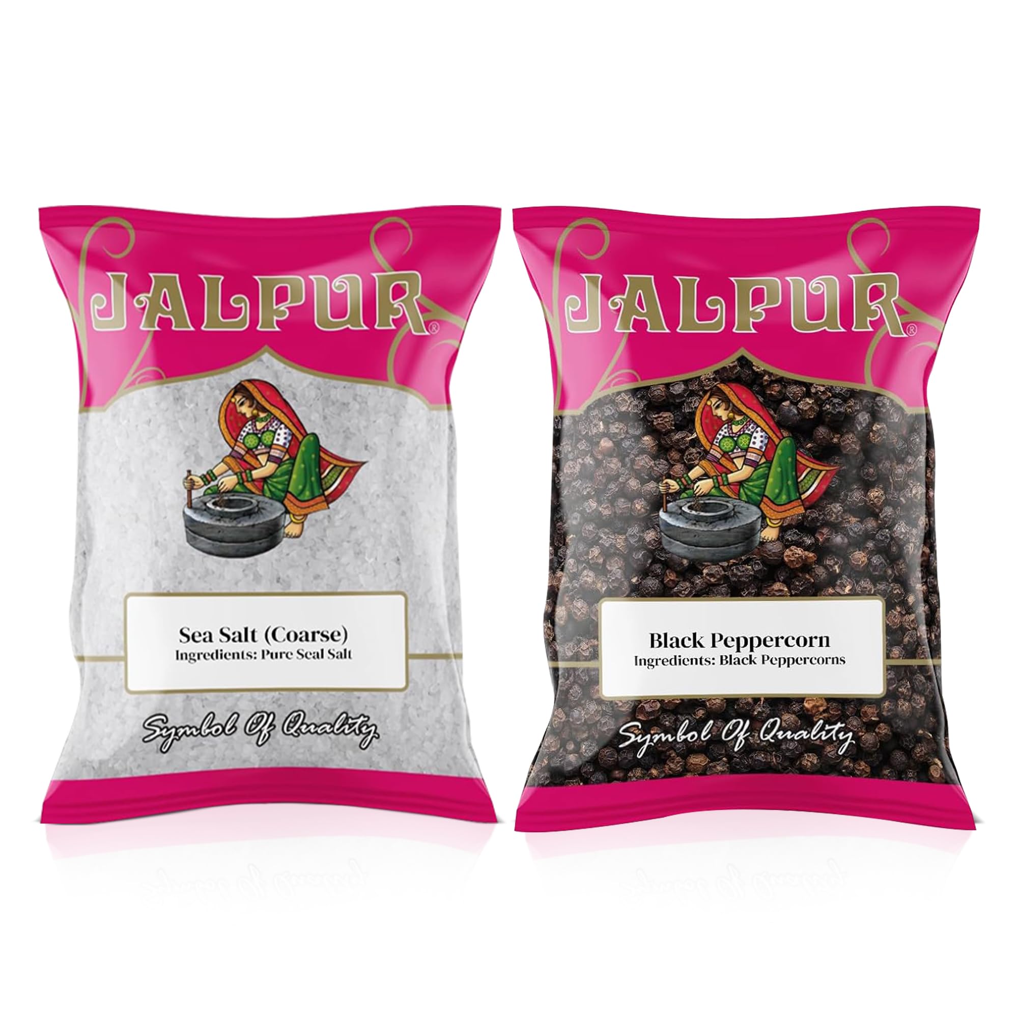 JalpurMILLERS Spice Combo Pack - Coarse Sea Salt 200g and Whole Black Peppercorns 100g - Premium Quality Seasoning Set for Cooking, Grilling, Marinades & Everyday Use - Natural Ingredients (2 Pack)
