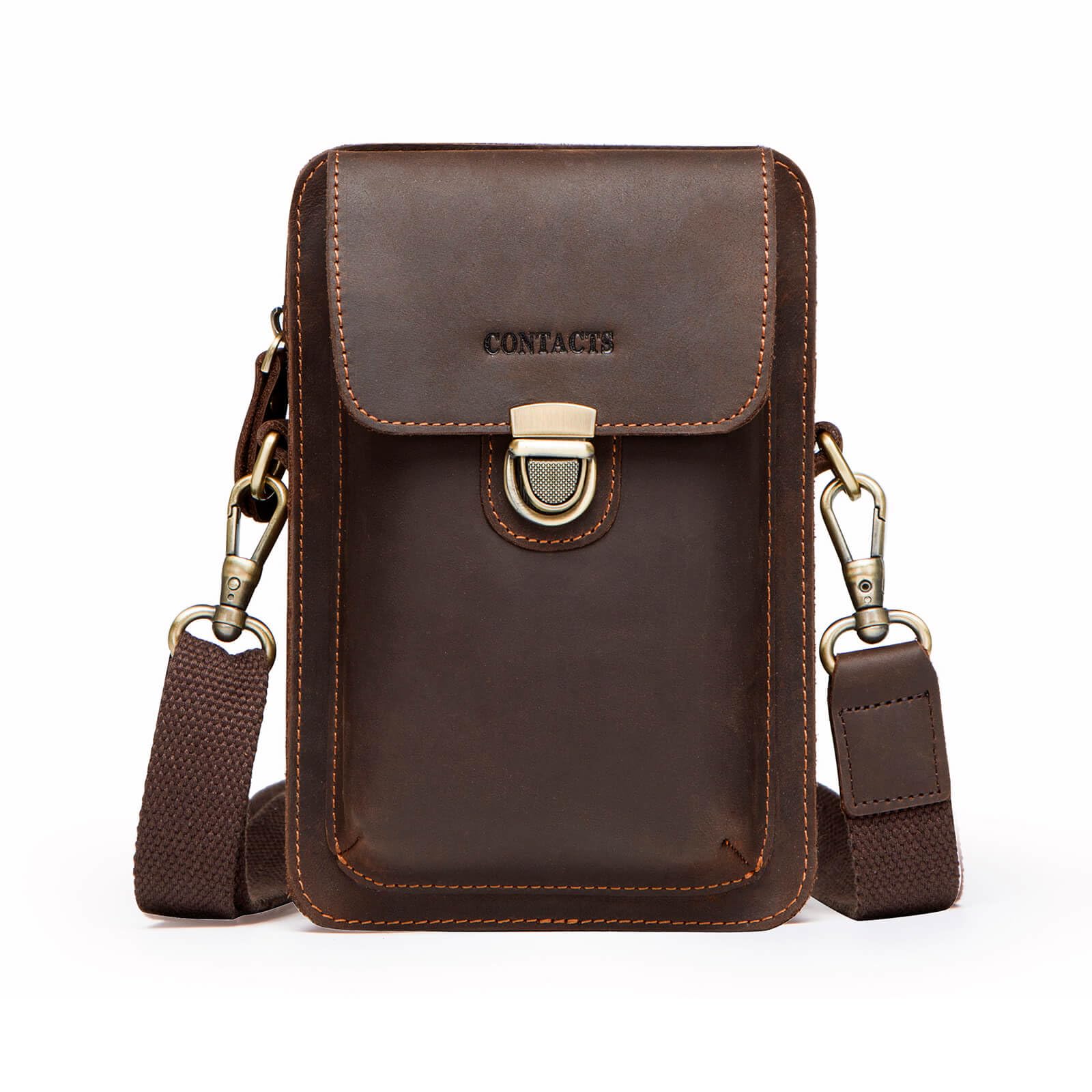 Hiram Men's Leather Phone Bag for iPhone SE, Men's Crossbody Bag, Small Shoulder Bag - Coffee