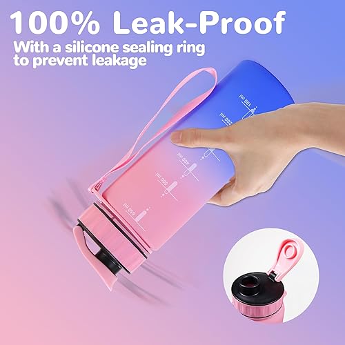 Miniatura 2 de Botella de agua grande con marcador de tiempo motivacional, jarra de agua con asa, botella deportiva transparente para gimnasio, campamento,