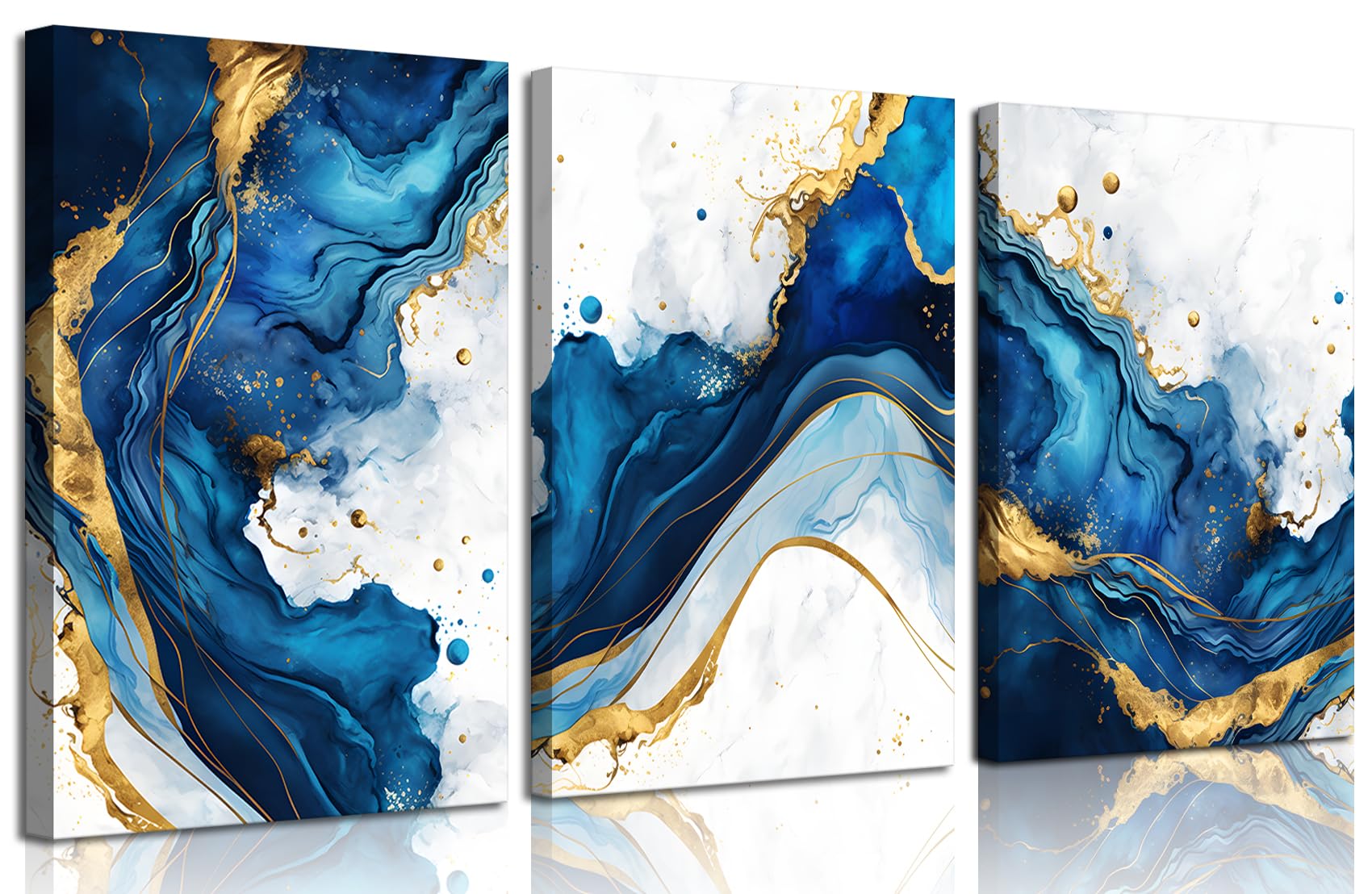 3Pcs Blue Gold Abstract Canvas Wall Art Modern White Blue Gold Foil Wall Decor Pictures Navy Blue and Gold Luxury Marble Posters Prints for Living Room Bedroom Home Decoration 12x16in