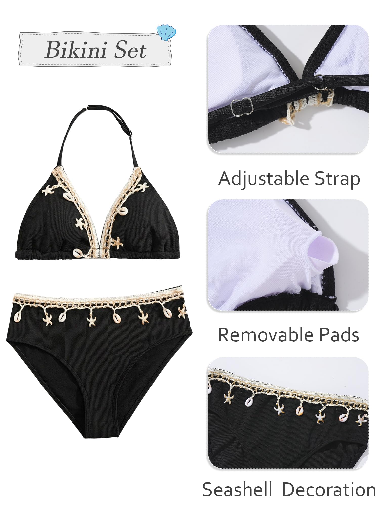 Maeau Bikini Maillot de Bain Coquilles 3 Pièces pour Fille 8-12 Ans, Haut de Bikini+Culotte+Jupe, Ensemble de Natation, Plage, Piscine