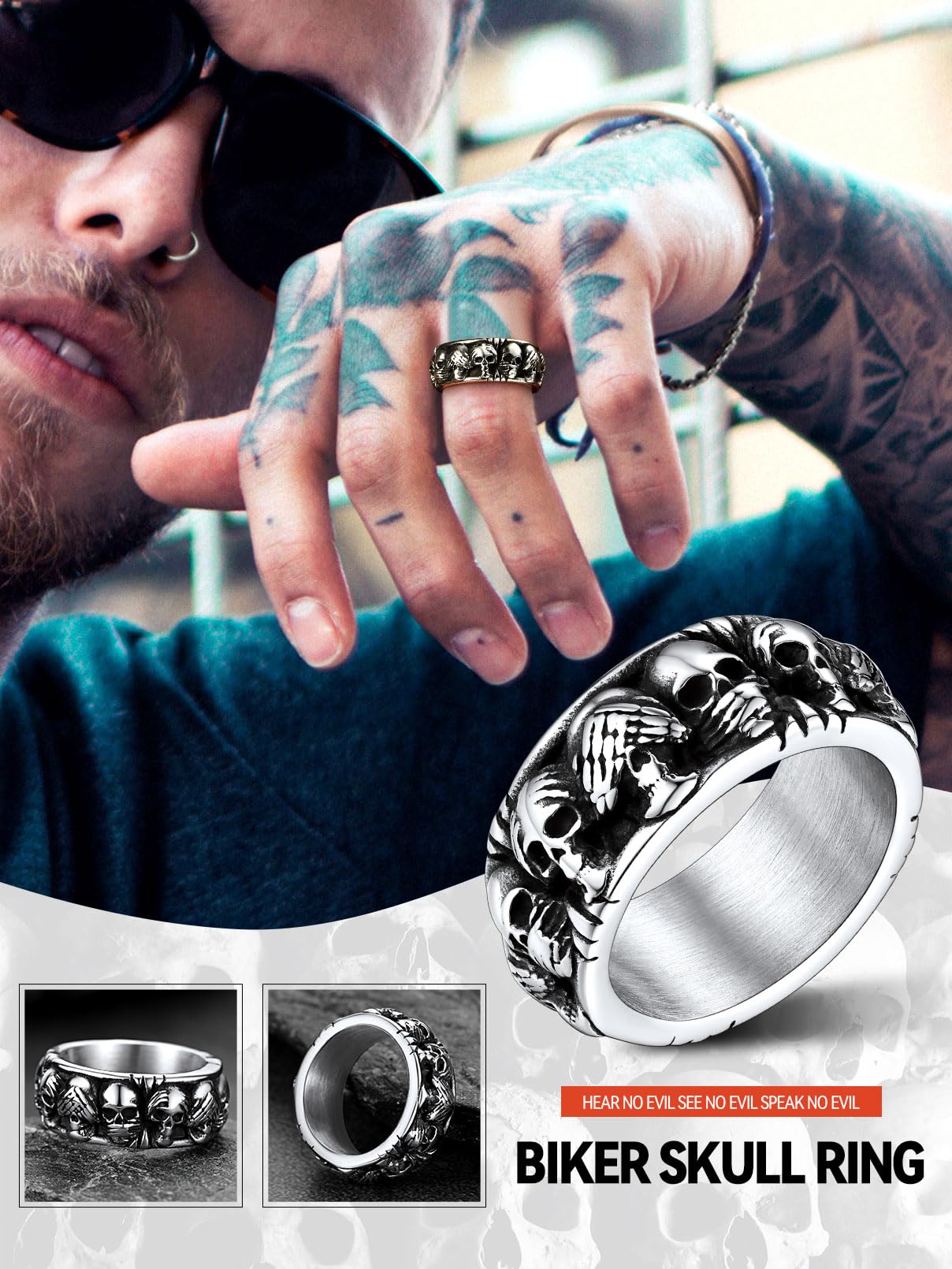 FaithHeart Herren Ringe，Punk Gotik Totenkopf Fingerring,Skull Skelett Ring, Edelstahl Vintage Biker Fingerring, 8 Ringgröße wählbar,Totenkopf Schmuck für Halloween Geburtstag