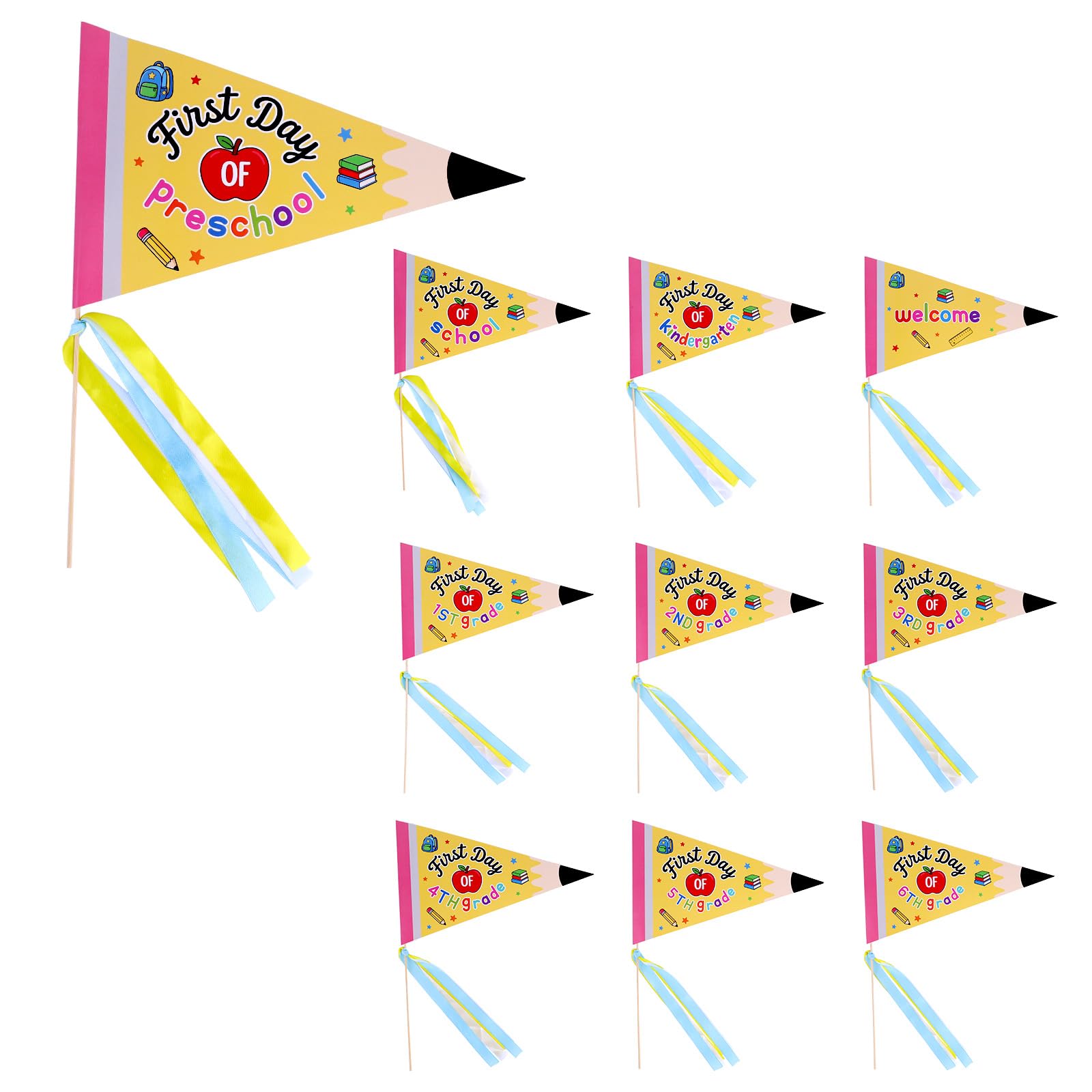 10pcs First Day of School Flags, Back to School Pennant with Ribbons & Sticks Cute Preschool Kindergarten Classroom Decor Sign Photo Prop for Classroom Decorations (Yellow)