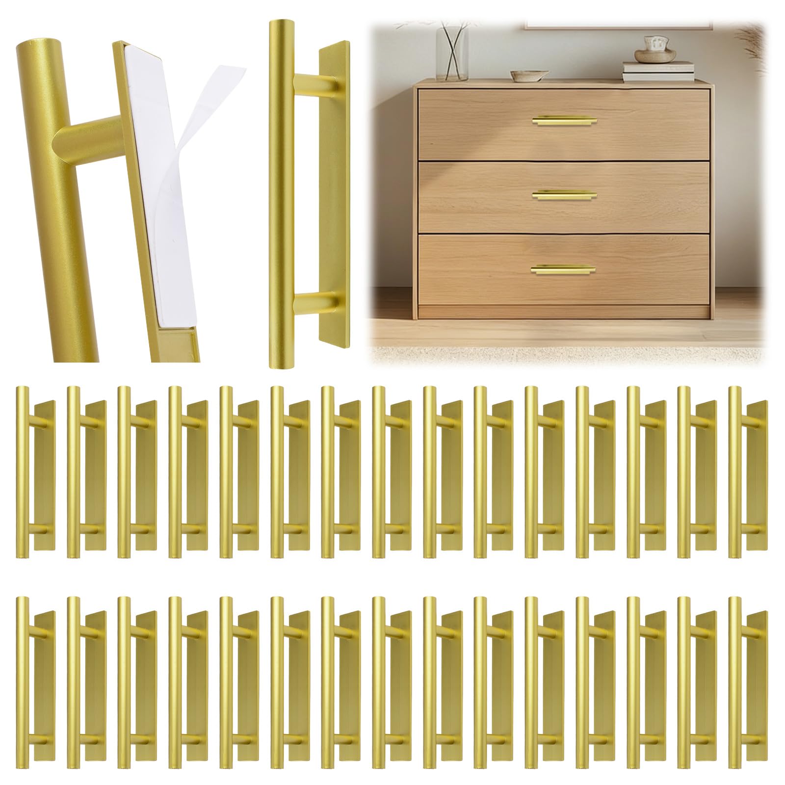 MOROBOR Self-Adhesive Long Handles, 30Pcs Gold Plastic Convenient Opening Stick-on Handle Push Pull Helper with Plate for Kitchen Cabinet Window Sliding Closet Door