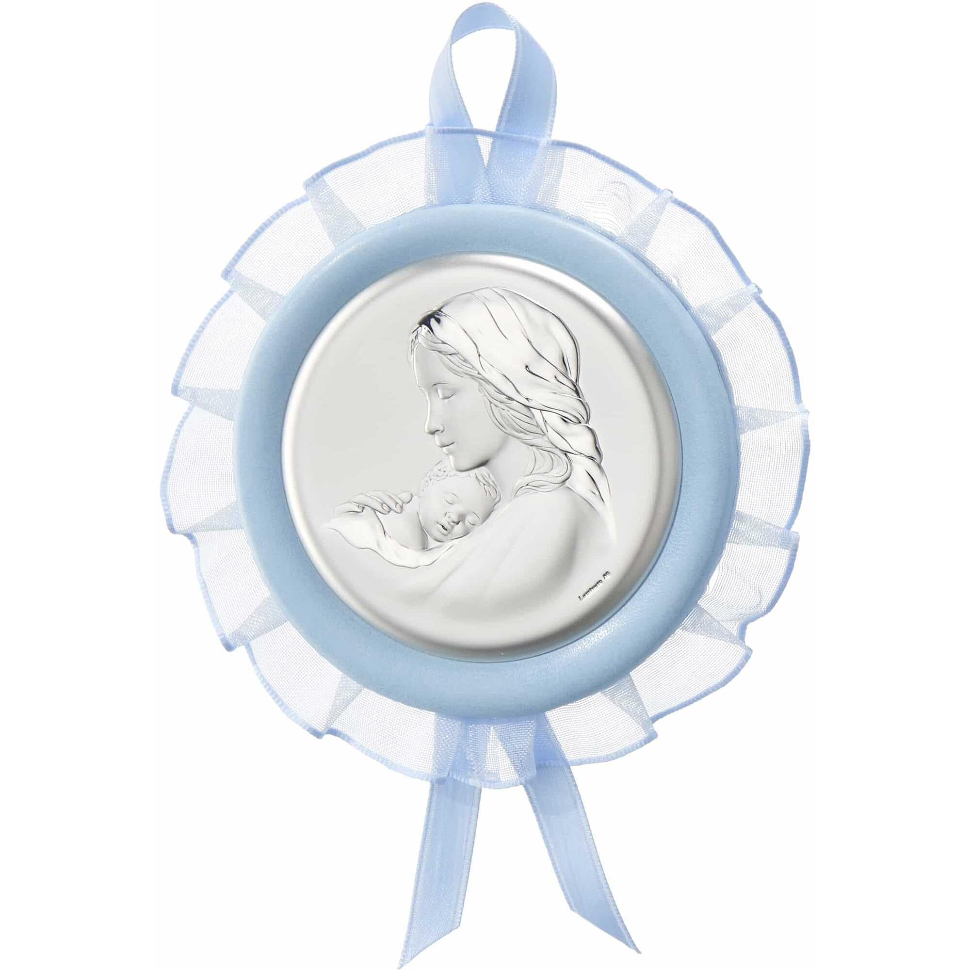 Medaglione Per Culla A Tema Madonna Con Bambino Di Valenti. Medaglione Di Colore Celeste Con Lastra In Argento 925. Misure: D.9,5. La Referenza è: 10570 1C - 4