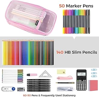 Fmeida Grid Mesh Pencil Case - Upgraded 4 Compartment Pencil Pouch, Clear Adult Pencil Bag Aesthetic Marker Pouch Stationary Bag Office Organizer for College Business Travel - Pink&White