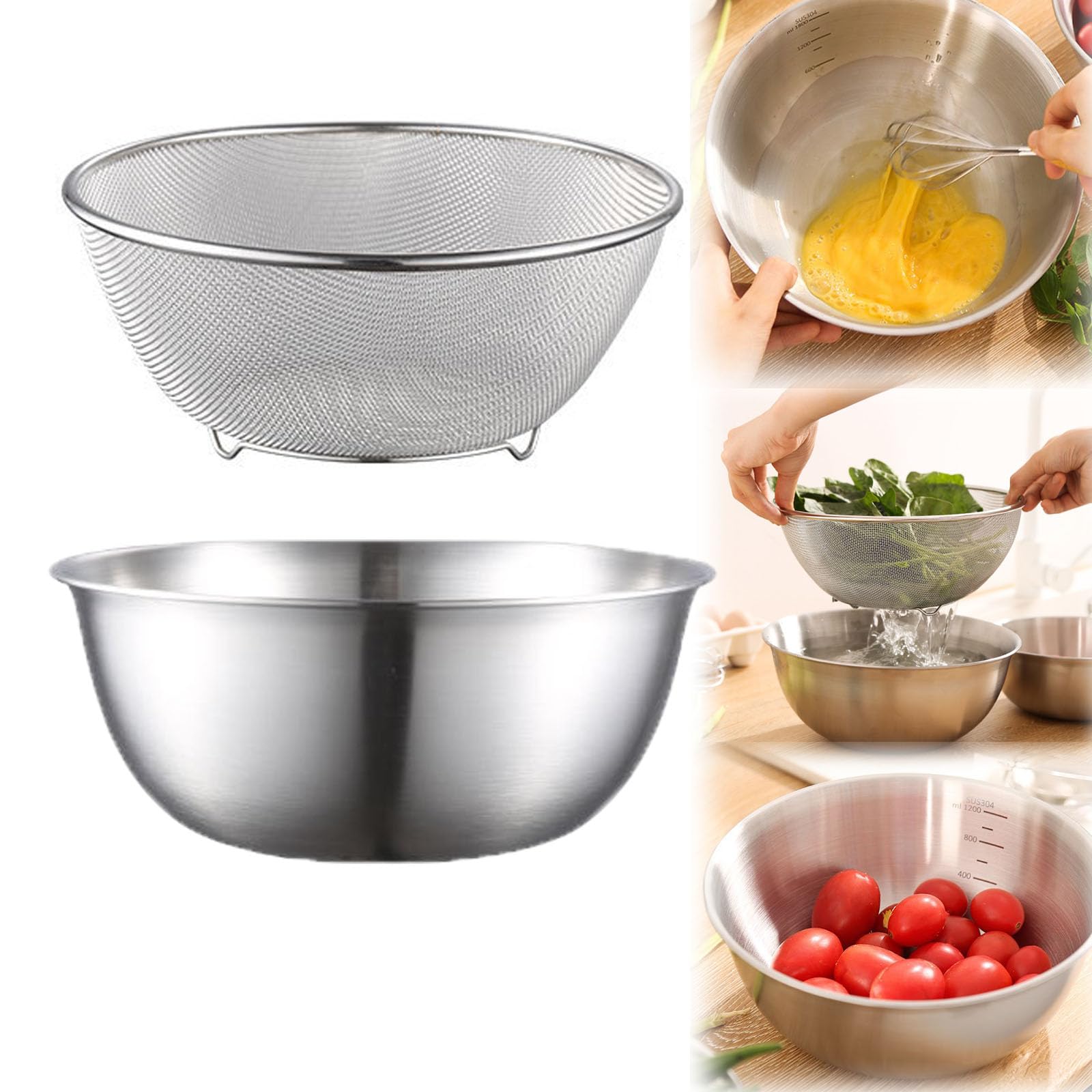 Ciotola in acciaio inox con cestello scolapasta per riso, set per verdure, frutta, pasta, insalata (800 ml)