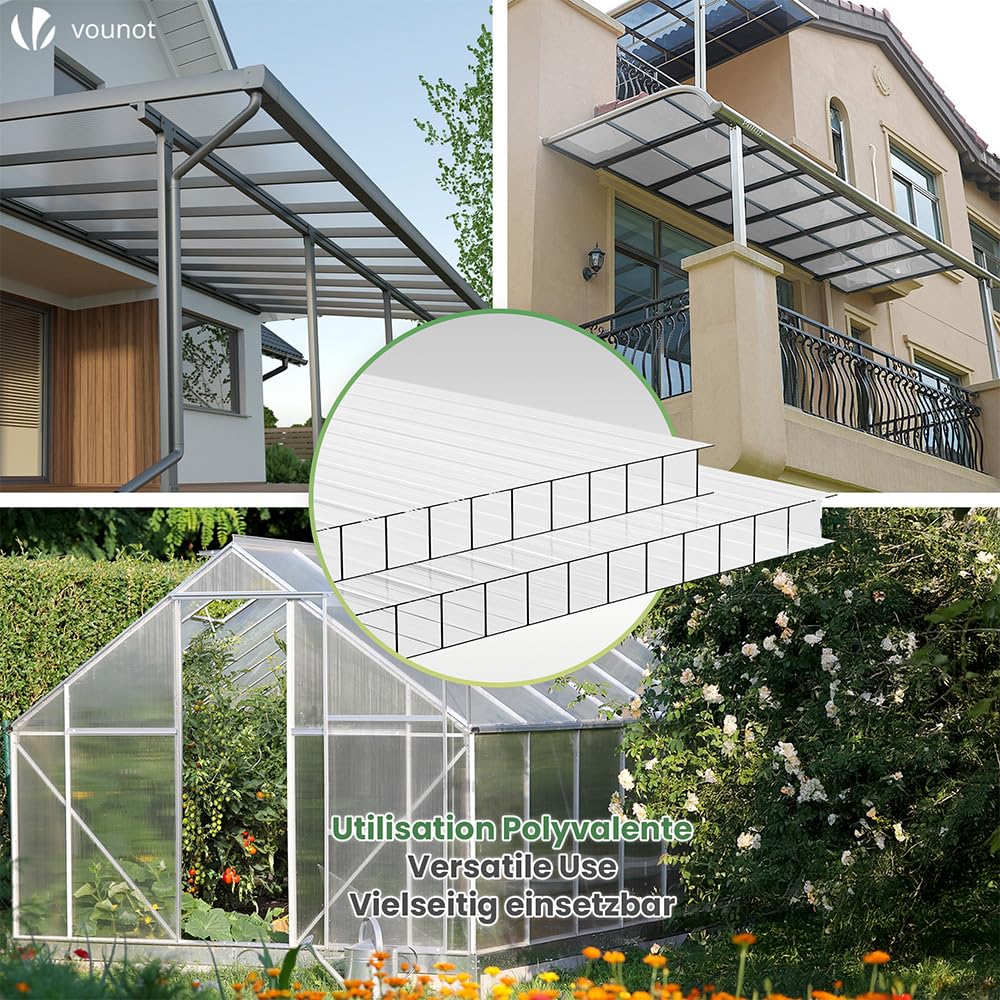 VOUNOT® 10 Placas de Policarbonato 6mm, 60,5x121cm, 7,3 m², Resistentes a Rayos UV y Golpes, Planchas Alveolares Transparente para Invernadero, Tejados, Jardín y Garajes