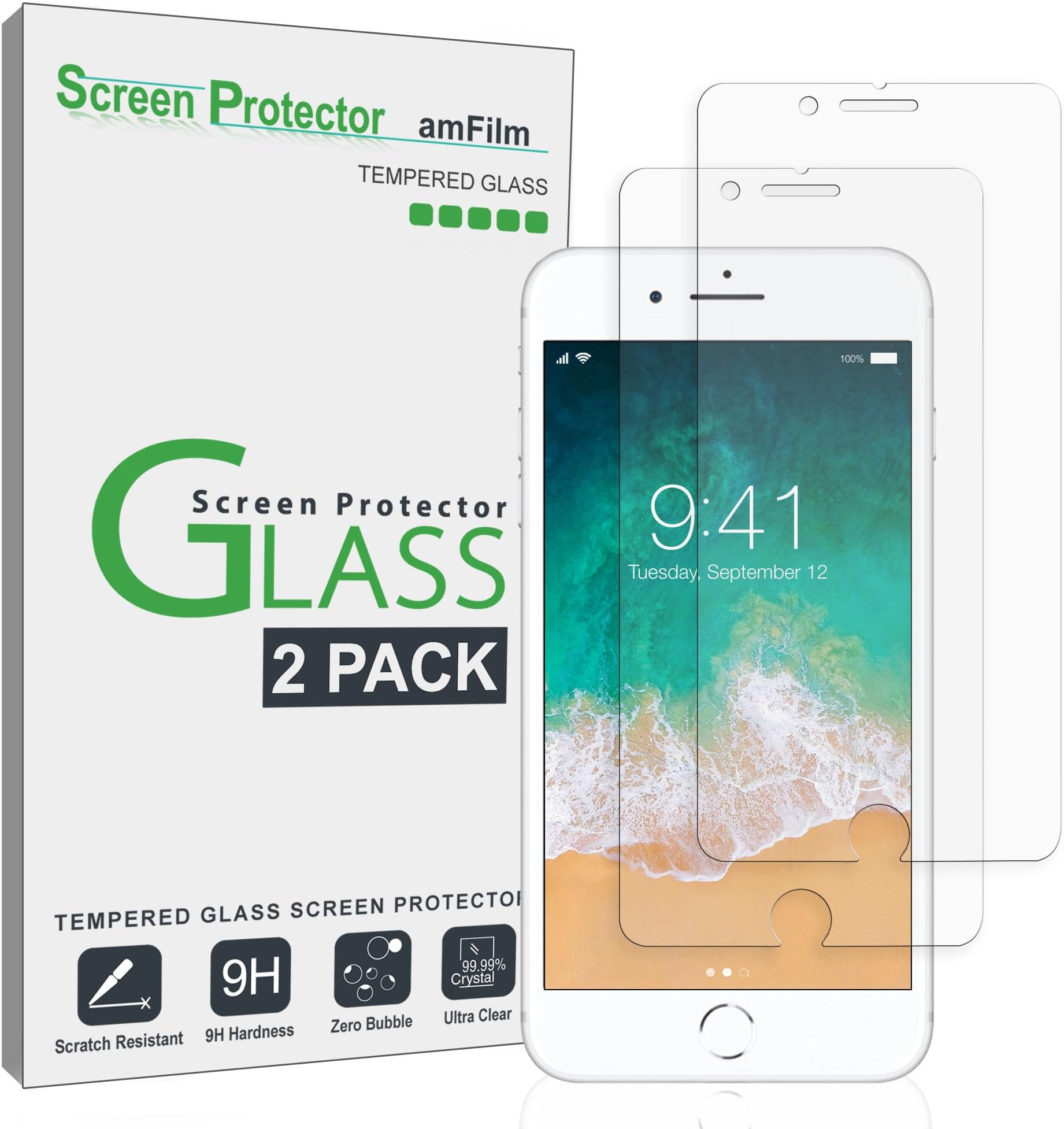 amFilm Essential Screen Protector for Apple iPhone SE 3 SE2, iPhone 8, iPhone 7, iPhone 6S iPhone 6 4.7", Premium 9H+ Tempered Glass, Anti-Scratch, HD-Clear and Touch-Sensitive, Case Friendly, 2 Pack