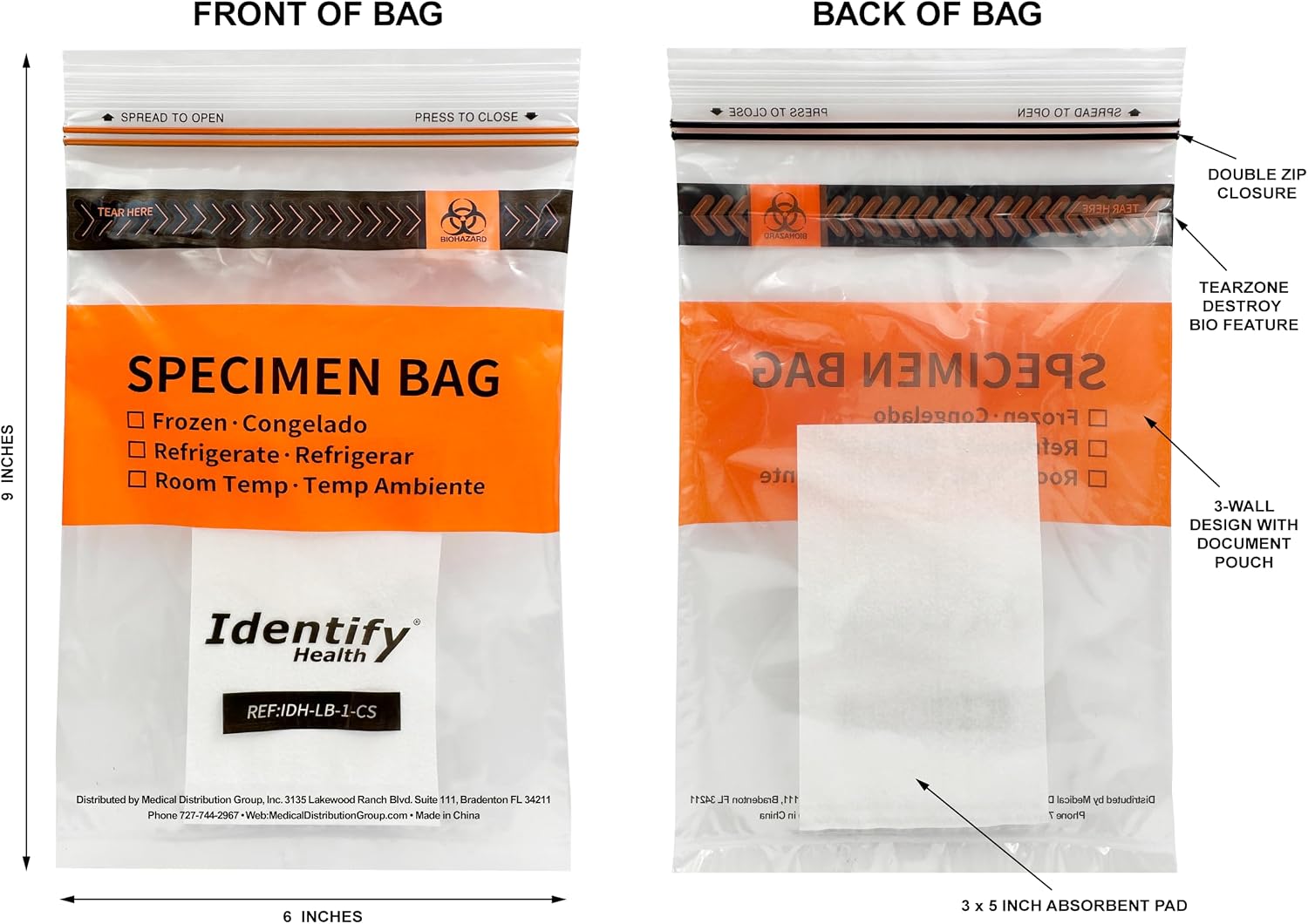 Identify Health Biohazard Specimen Lab Bags | 1000 Pack | 6x9 Inch 3-Wall Laboratory Double Zip Seal with Absorbent Pad and Document Pouch | TearZone Destroy BIO Feature
