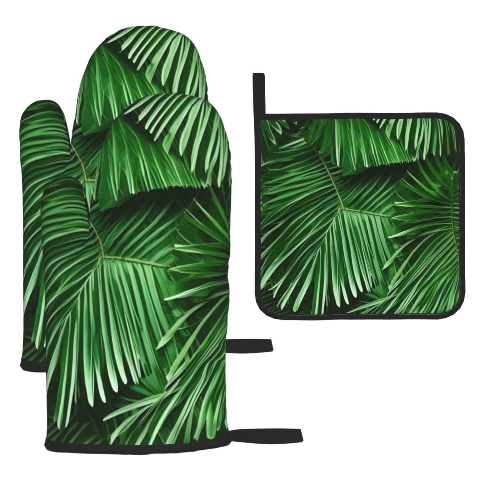 Cute Green Palm Leaves Print Oven Mitts Kitchen Gloves Set Everyday Baking Grilling Microwaving Cooking Gift