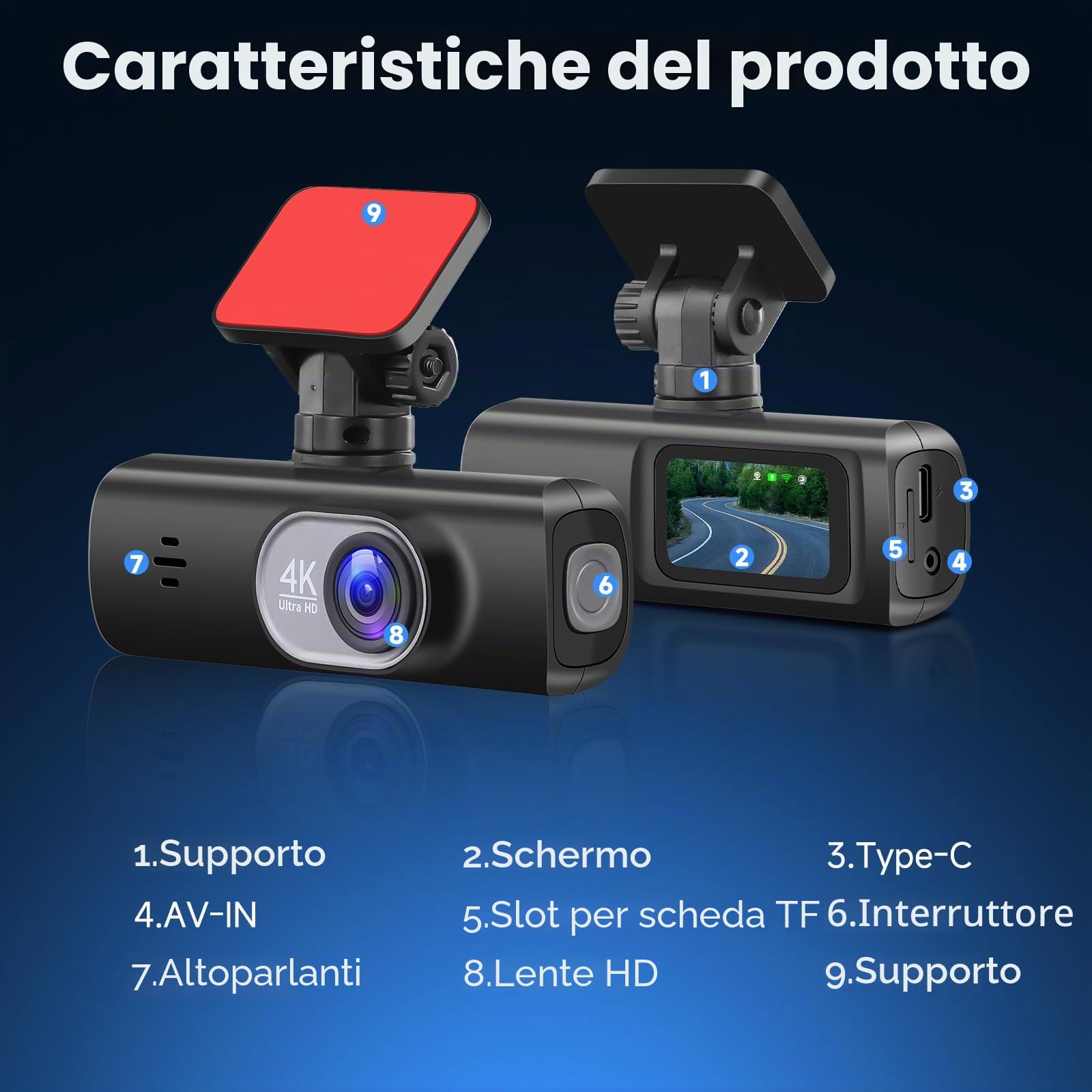 4K Dashcam per Auto Anteriore e Posteriore con WiFi da 5 GHz, Dash Cam con Scheda SD da 64 GB, Doppia Fotocamera per Auto con Visione Notturna Eccellente, Registrazione in loop, Sensore G