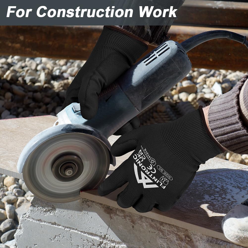 Flintronic Guantes de Trabajo Profesionales, 12 Pares, Recubrimiento de Poliéster PU, Guantes Mecanico Taller, para Jardinería, Construcción, Negro (L-9)