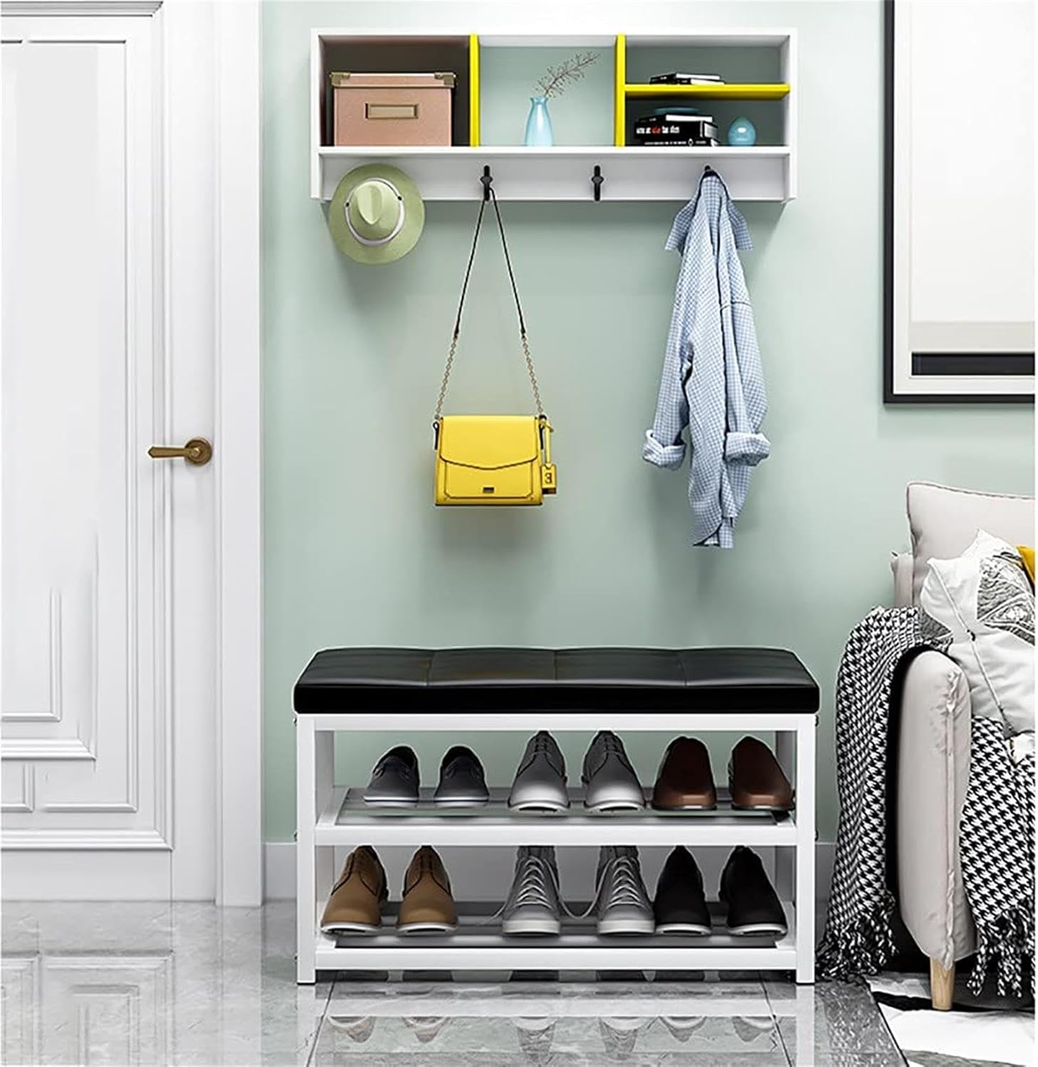 CKSEKD Shoe Rack Bench, Industrial Storage Bench with Padded Seat and Metal Shelf, 3-Tier Shoe Rack for Entryway Sturdy Steel Frame Hallway Living Room,B, 1