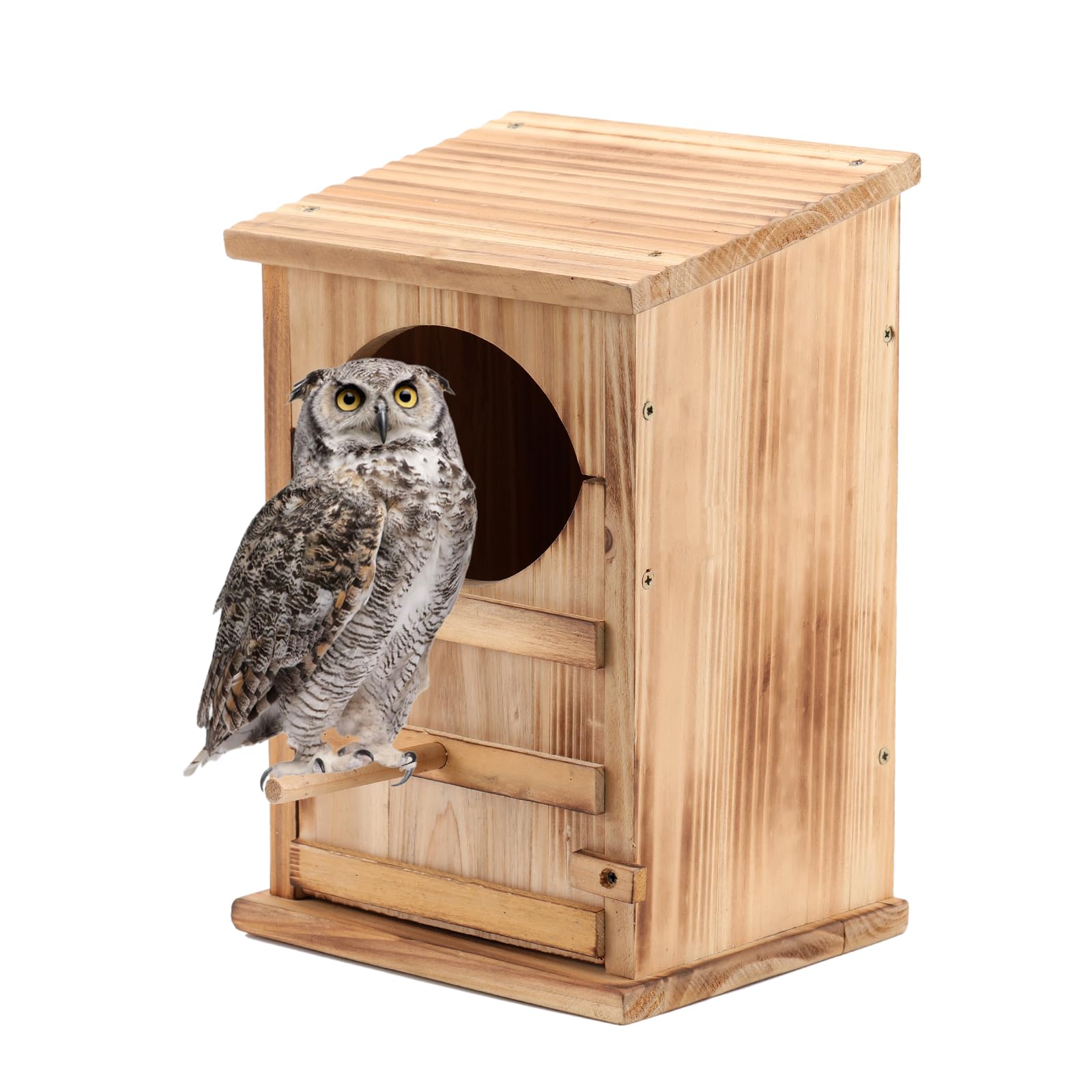 Owl House Screech Owl Nesting Box - Large Rectangular Opening Bird Box with Mounting Screws and Wood Shavings - Easy Assembly