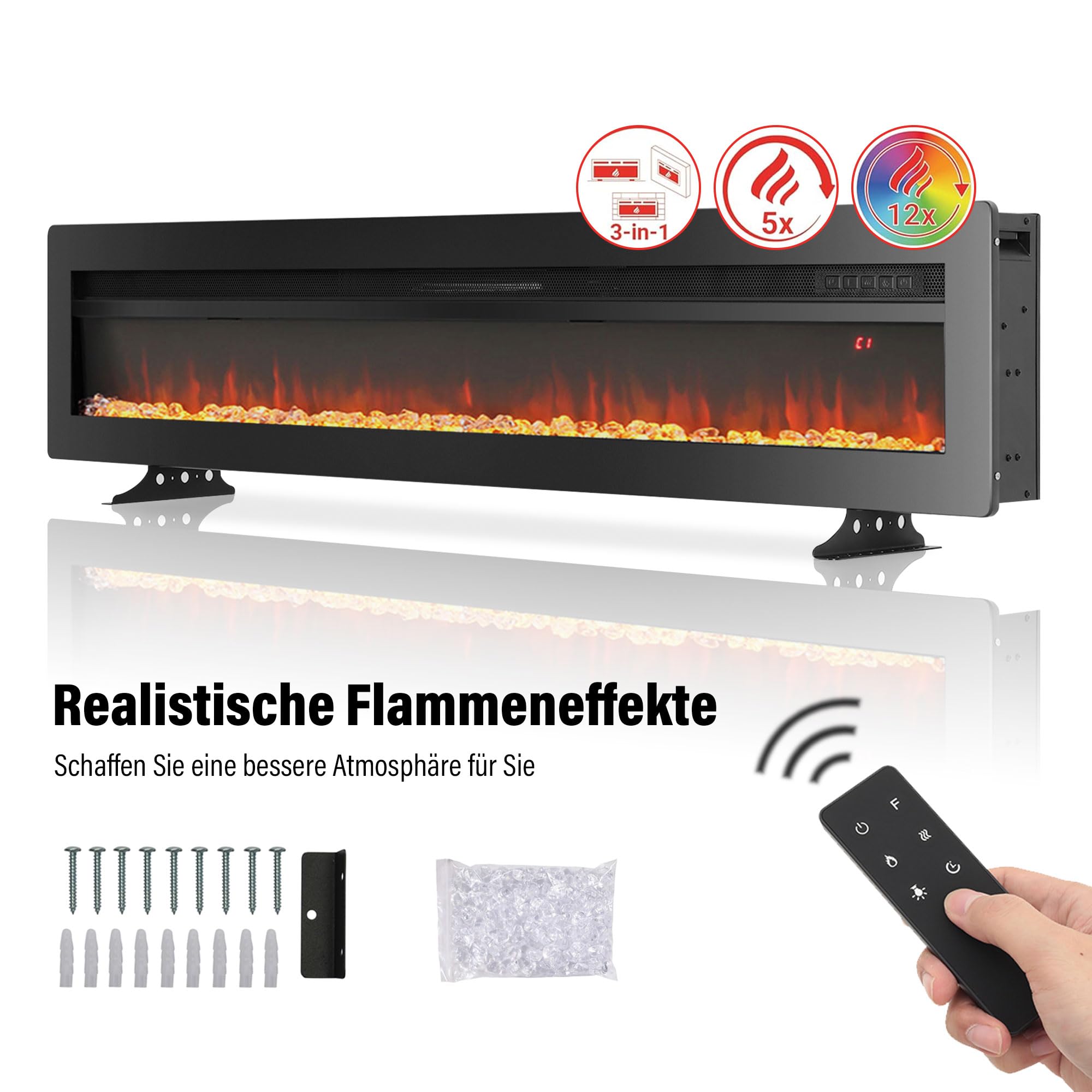 Elektrischer Kamin, an der Wand montiert/vertieft/frei stehend 40 Zoll Raumheizung mit Fernbedienung einstellbare Flammen Farben Touch Screen Energieeinsparung