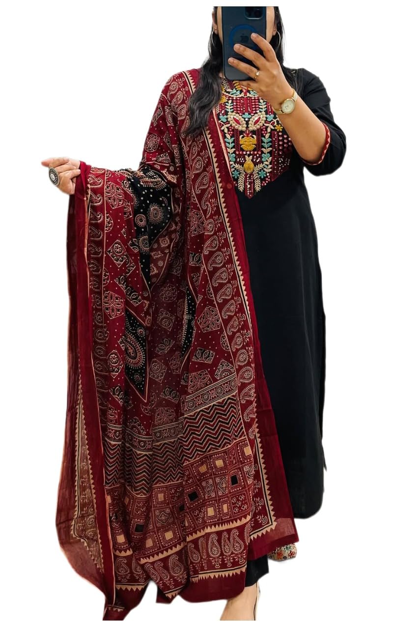 Women’s Rayon Viscose Embroidered Straight Kurta with Pant and Printed Dupatta Set | Elegant Ethnic Kurta Pant Dupatta Set for Women | Festive Office Casual Wear