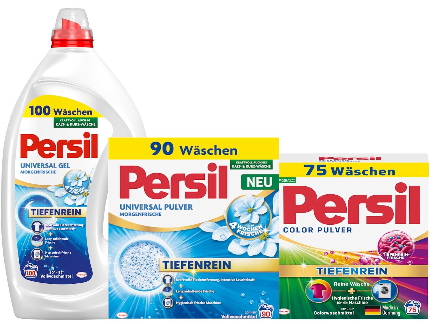 PERSIL Universal Pulver Morgenfrische 90 WL 4,95 kg + PERSIL Universal Kraft-Gel Morgenfrische 100 WL 4,5 L + Pulver Color 75 WL 4,5 kg – Waschmittel Kombination für weiße & bunte Wäsche