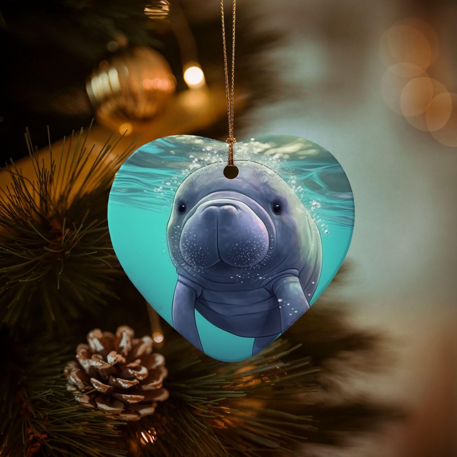 Christmas Ornaments for Christmas Tree Decoration Hanging Cute Sea Animal Manatee Ornament with Gold Ribbon Crafts Heart Shape Ceramic Pendant for Keepsake Gifts Xmas Decor Party Supplies
