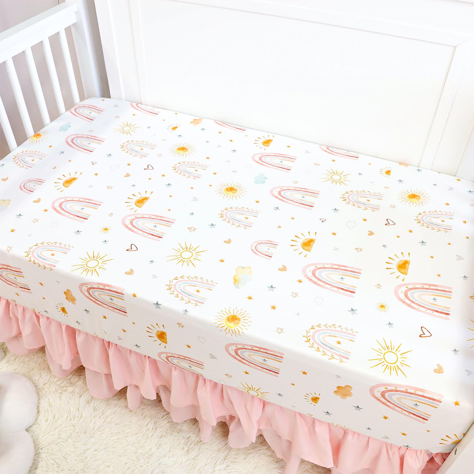 Juego de ropa de cama de cuna de 4 piezas para niñas, incluye edredón, sábana bajera ajustable, falda de cuna y apilador de pañales, arcoíris rosa