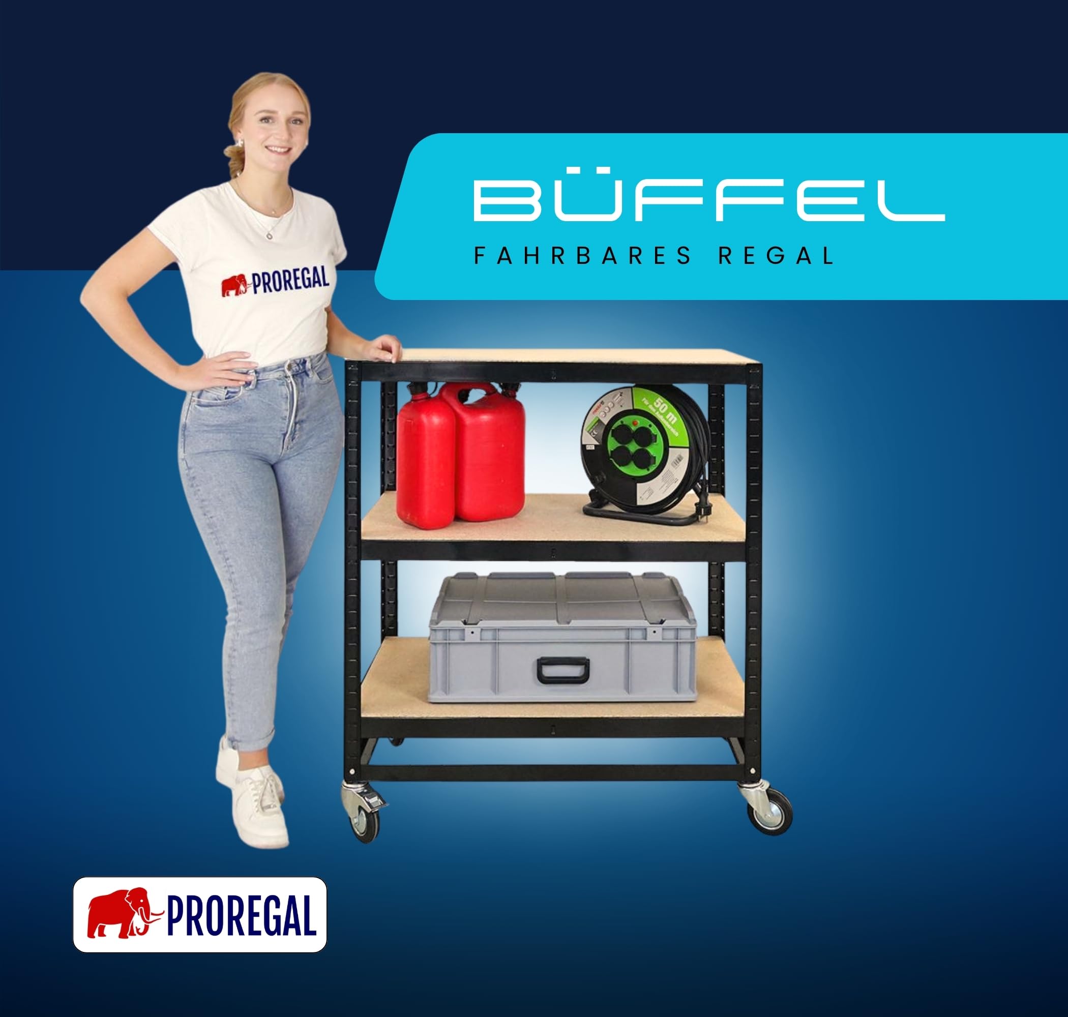 PROREGAL Mega Deal 2X Kommissionierwagen BÜFFEL Fahrbares Kommissionierregal 100x90x50cm 3 Ebenen Fachlast 50kg 2X Lenkrollen & 2X Lenkrollen mit Feststellbremse Schwarz Regal auf Rollen Regalwagen