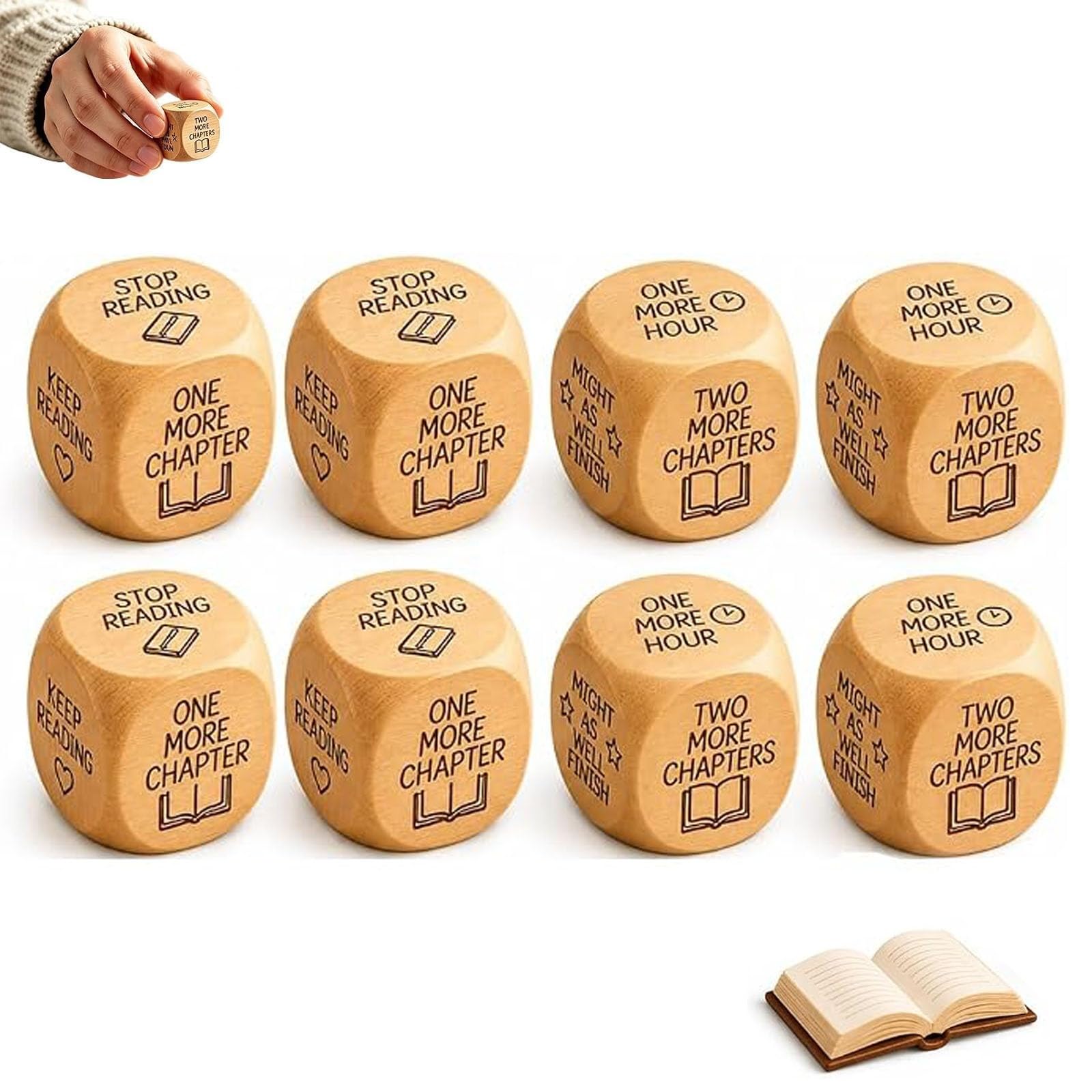 Dados de Madera para decidir la Lectura, Dados de Madera de 6 Caras para divertirse Leyendo, compañero de Madera Natural Grabado, Herramientas para Elegir el Tiempo (8Pcs)
