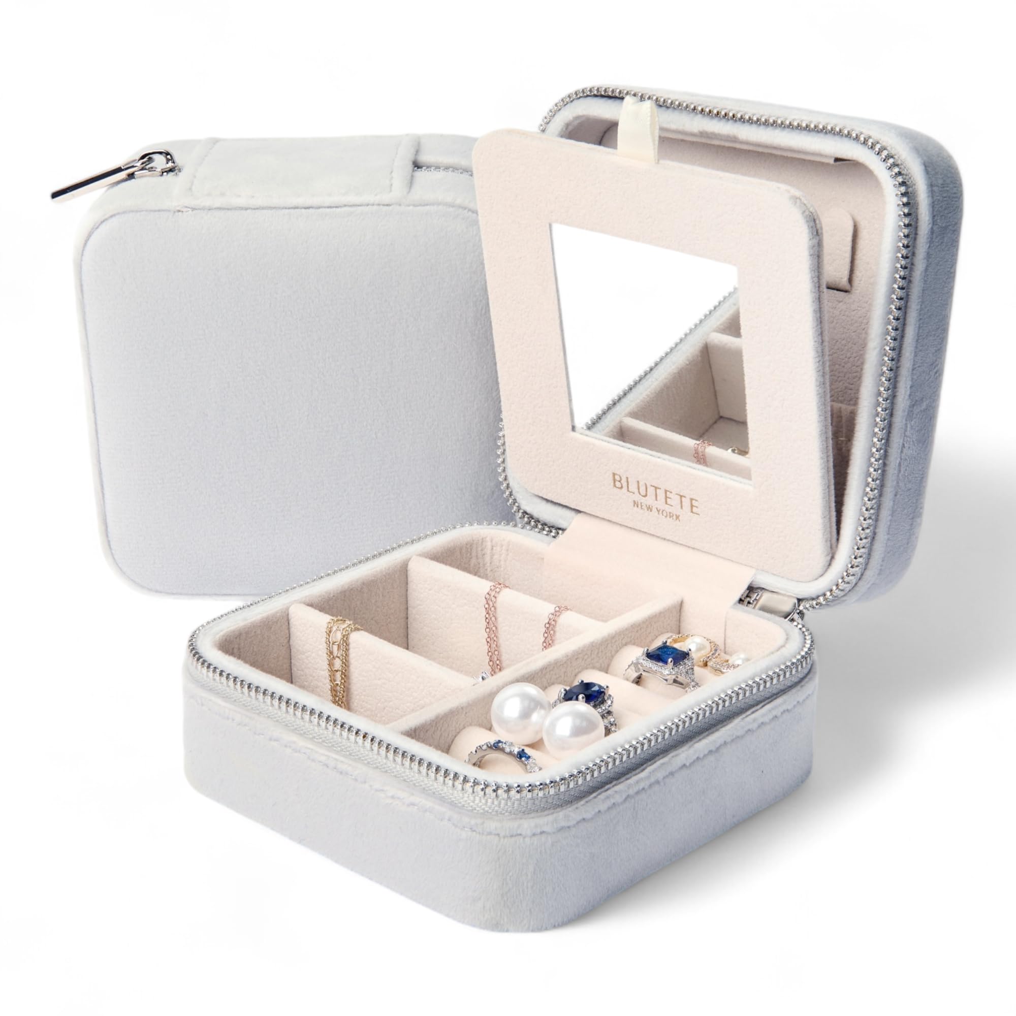 BLUTETE Travel Jewelry Box Organizer Velvet Travel Case With Mirror Rings Earrings Necklaces Storage Organizer Box Milky Grey