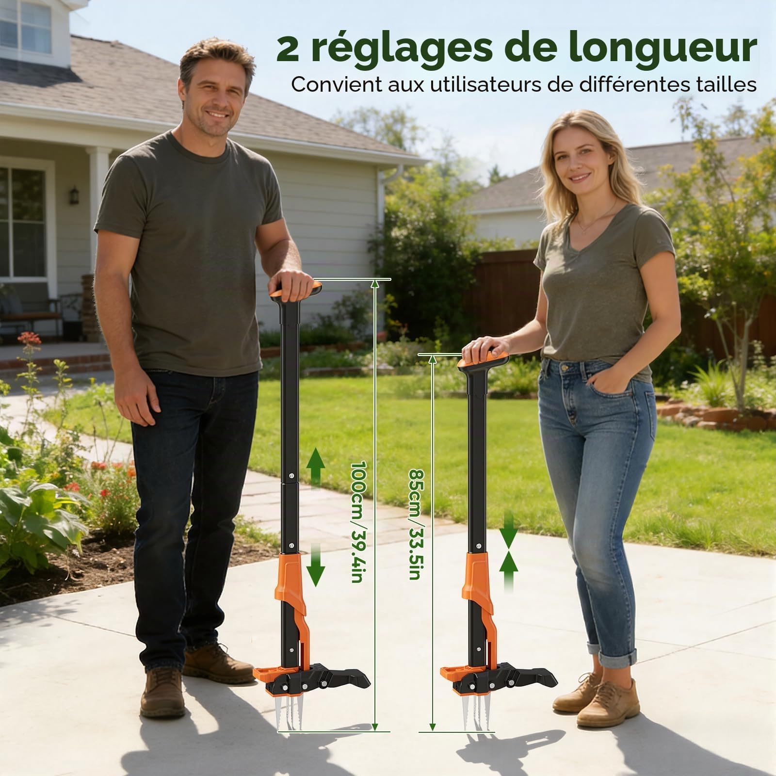 Sarcloir de 85 à 100 cm à longueur réglable, outil à long manche avec 4 griffes, outil robuste pour arracher les racines de pissenlits, outils de jardinage pour la cour et la pelouse